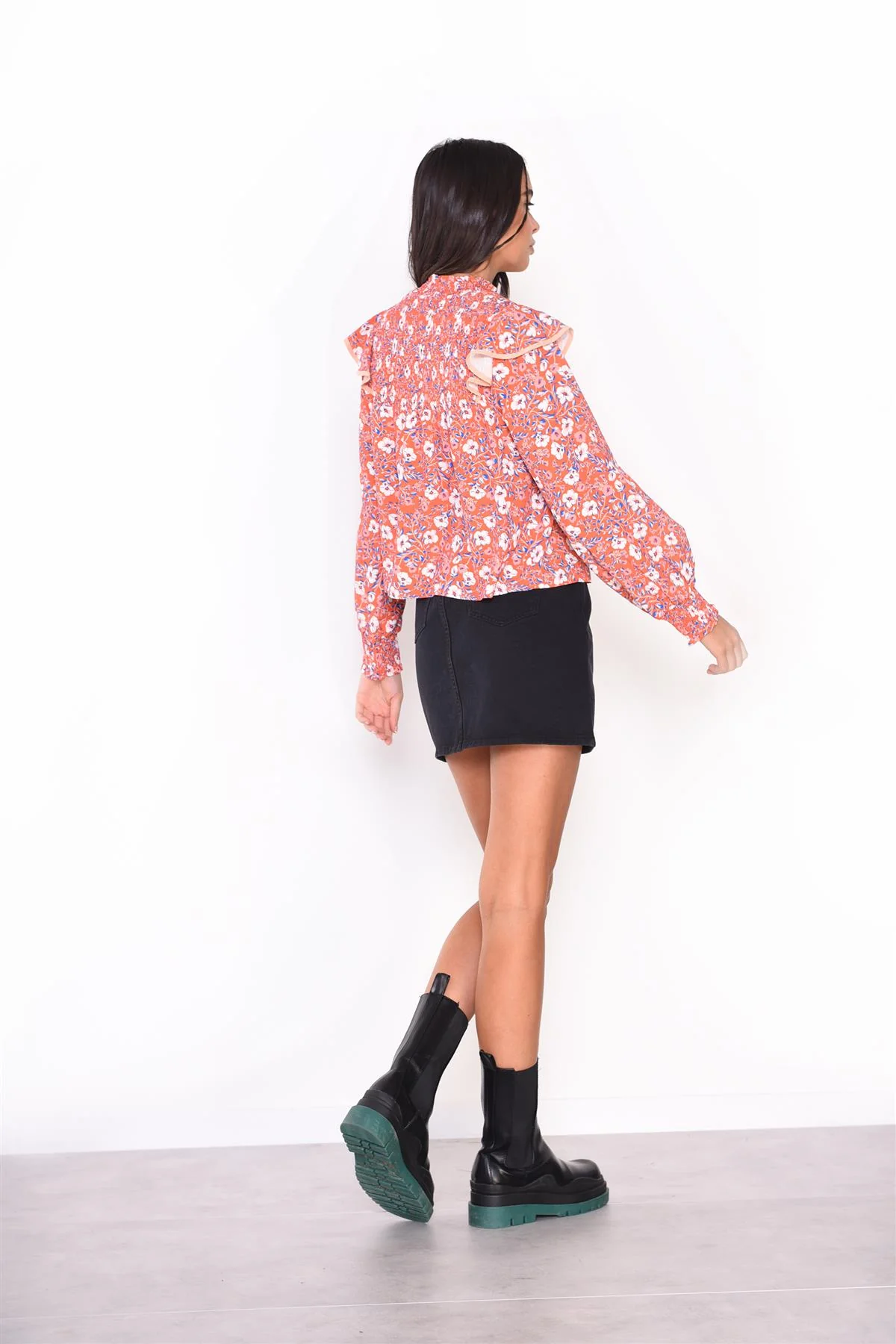 Orange-Folk-Floral-Peach Ruffle Long Sleeve-Top - Image 2
