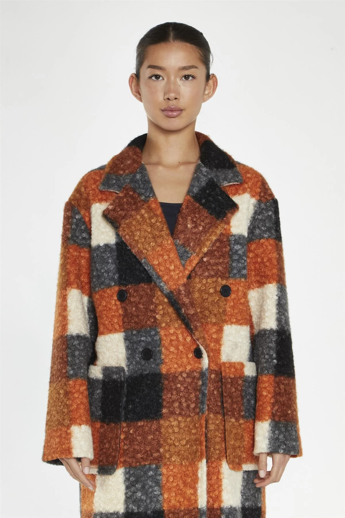 Orange Multi Check Double Breasted Coat - Image 3