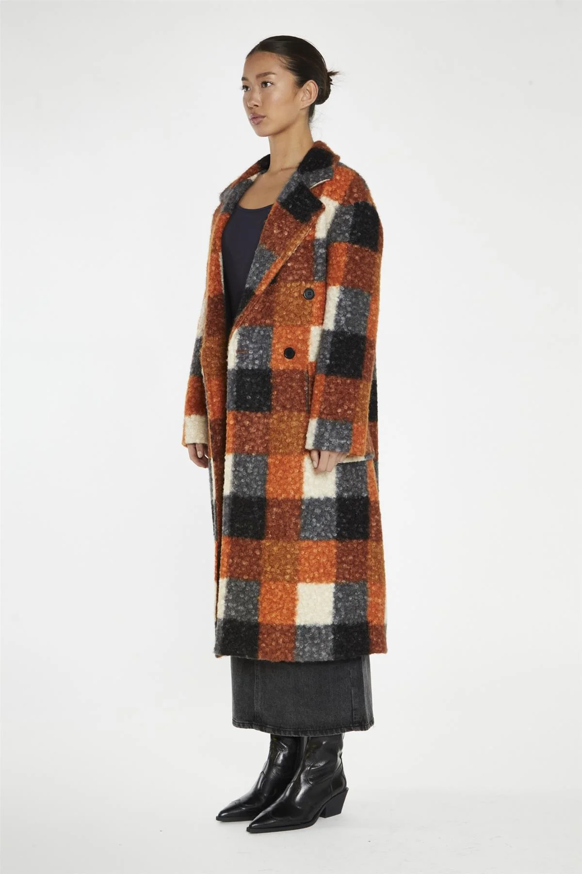 Orange Multi Check Double Breasted Coat - Image 4