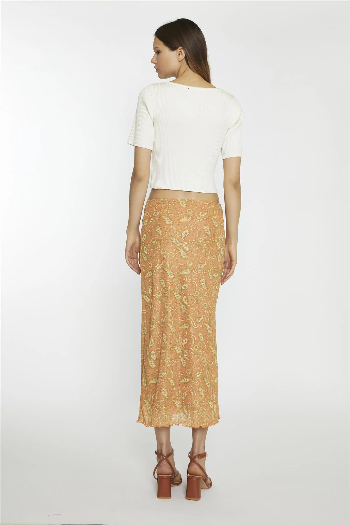 Orange Olive Paisley Mesh Low-Rise Midi-Skirt - Image 2
