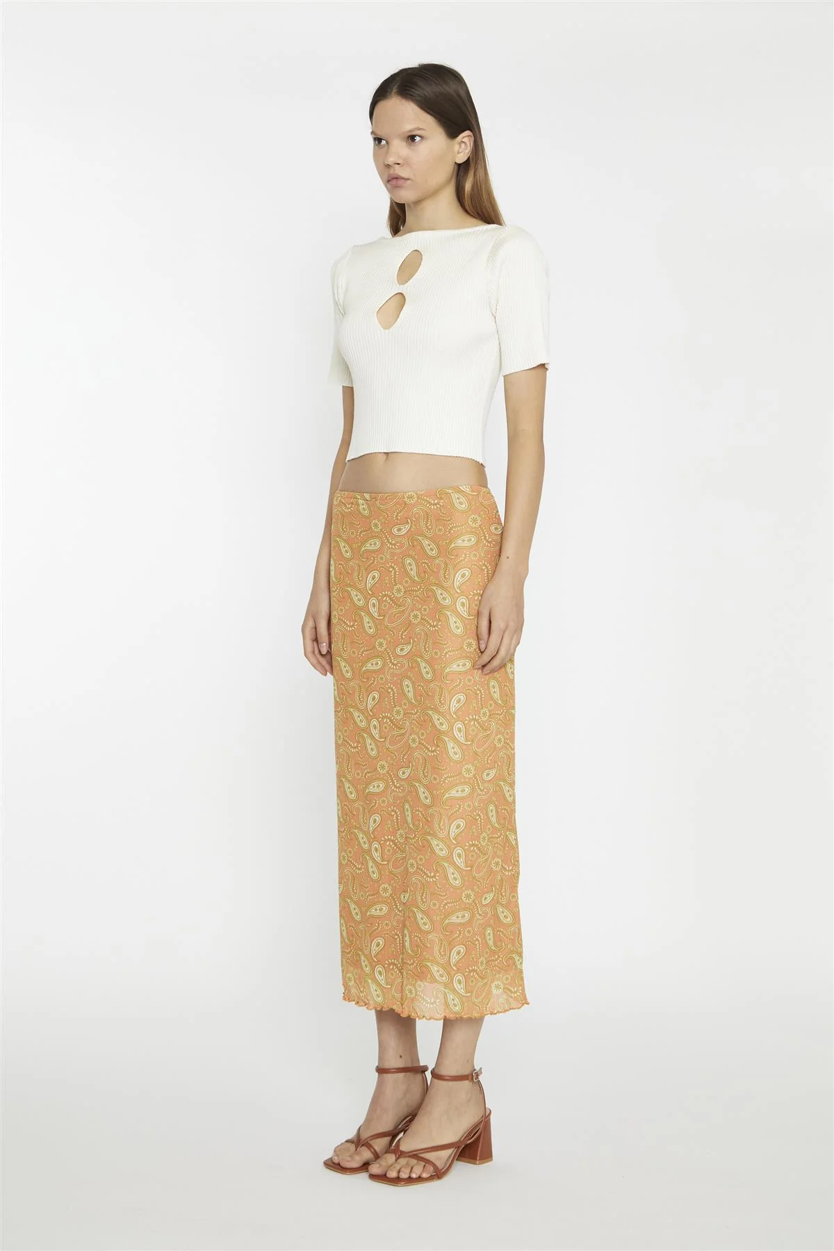 Orange Olive Paisley Mesh Low-Rise Midi-Skirt - Image 3