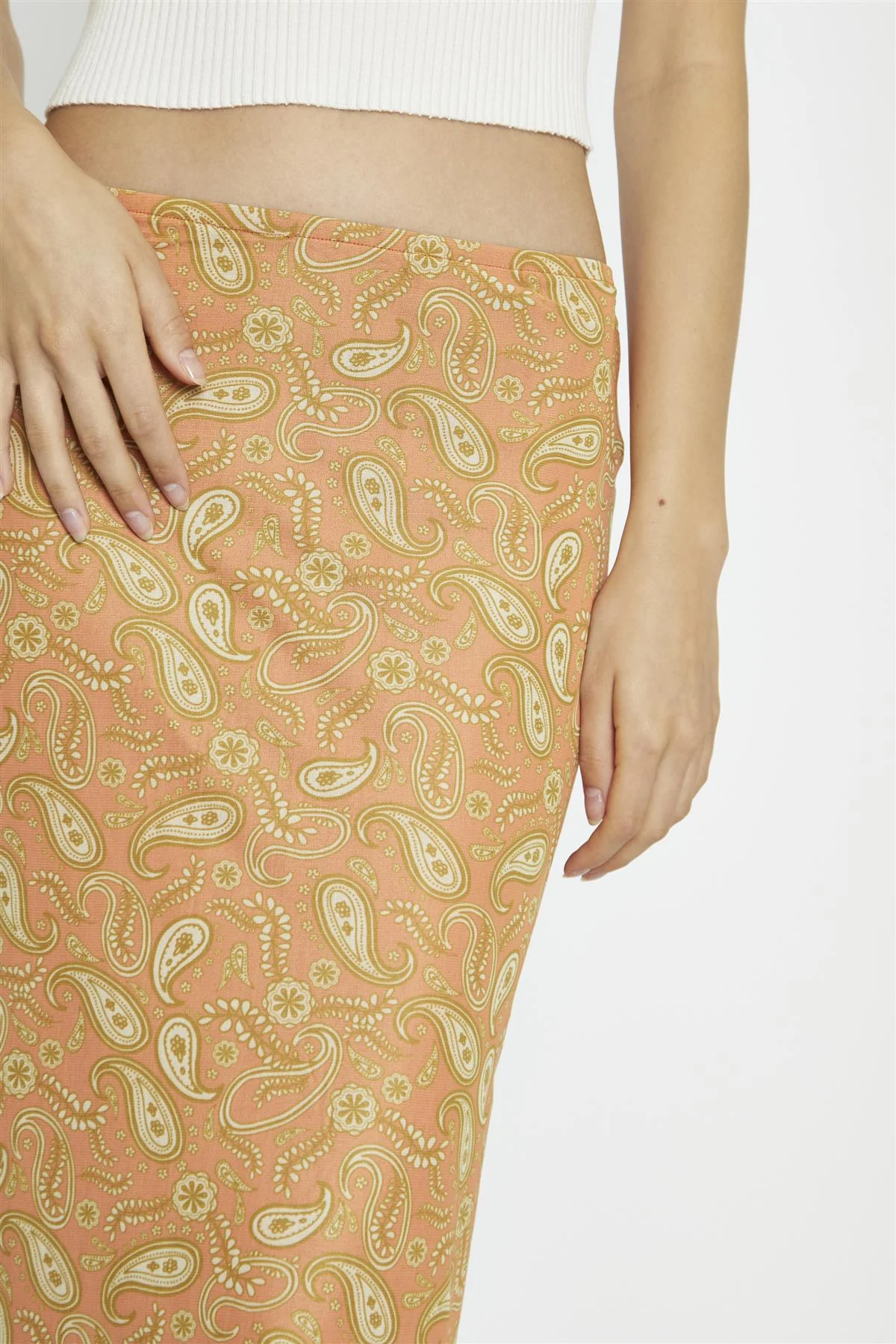 Orange Olive Paisley Mesh Low-Rise Midi-Skirt - Image 4