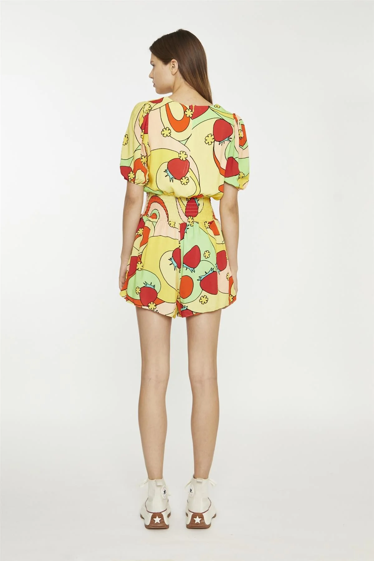 Orange-Swirl Strawberry Shirred Waist Loose-Playsuit - Image 2
