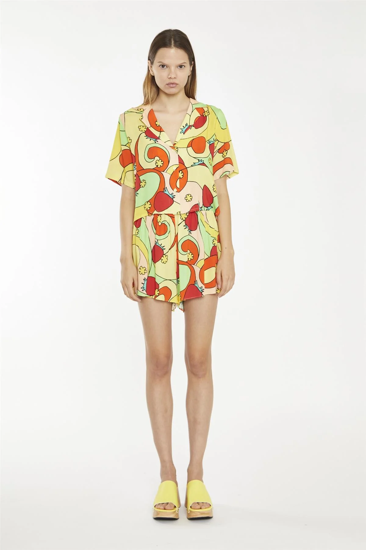 Orange-Swirl Strawberry Smocked-Waist Loose-Fit-Shorts