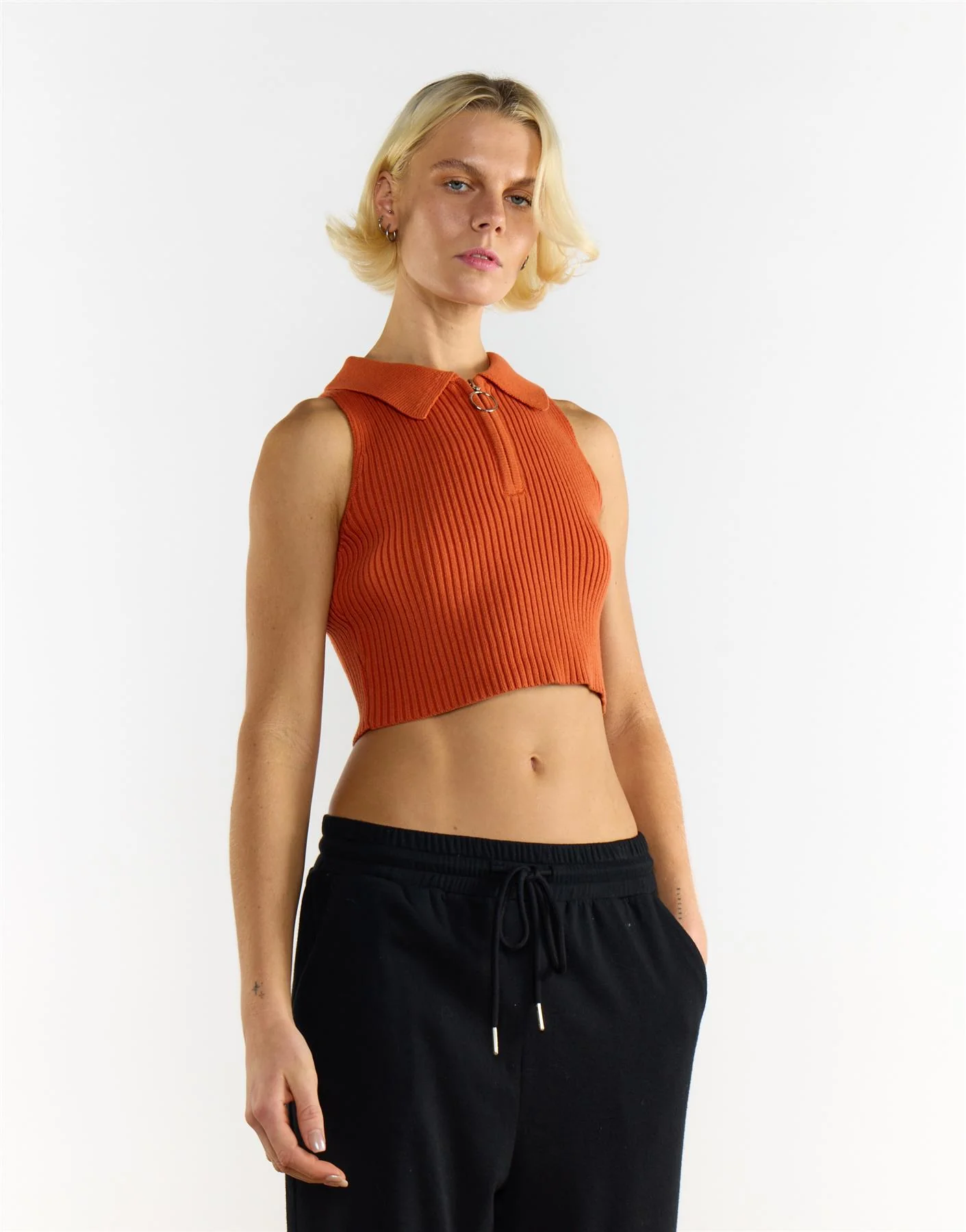Orange Zip Collar Sleeveless Top - Image 2