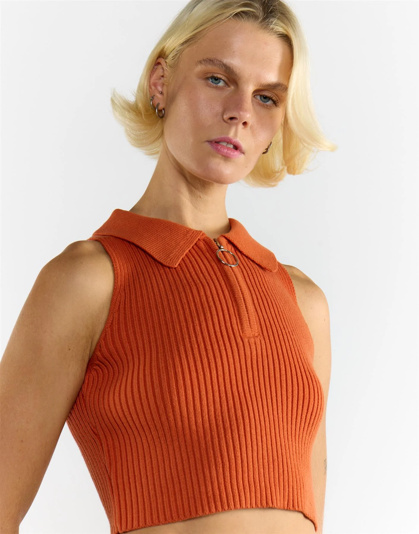 Orange Zip Collar Sleeveless Top - Image 3