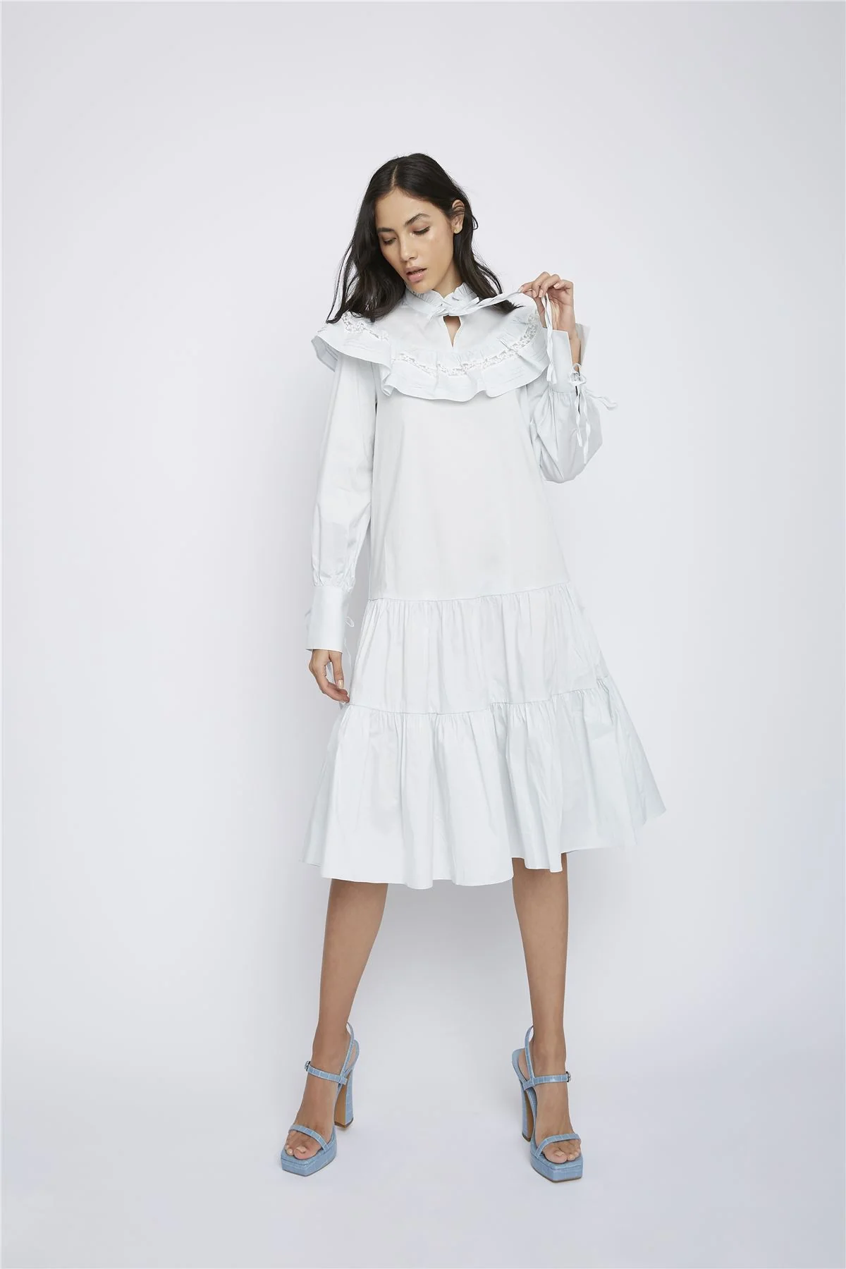 Pale-Blue Broderie-Ruffle-Detail Midi-Dresses - Image 4