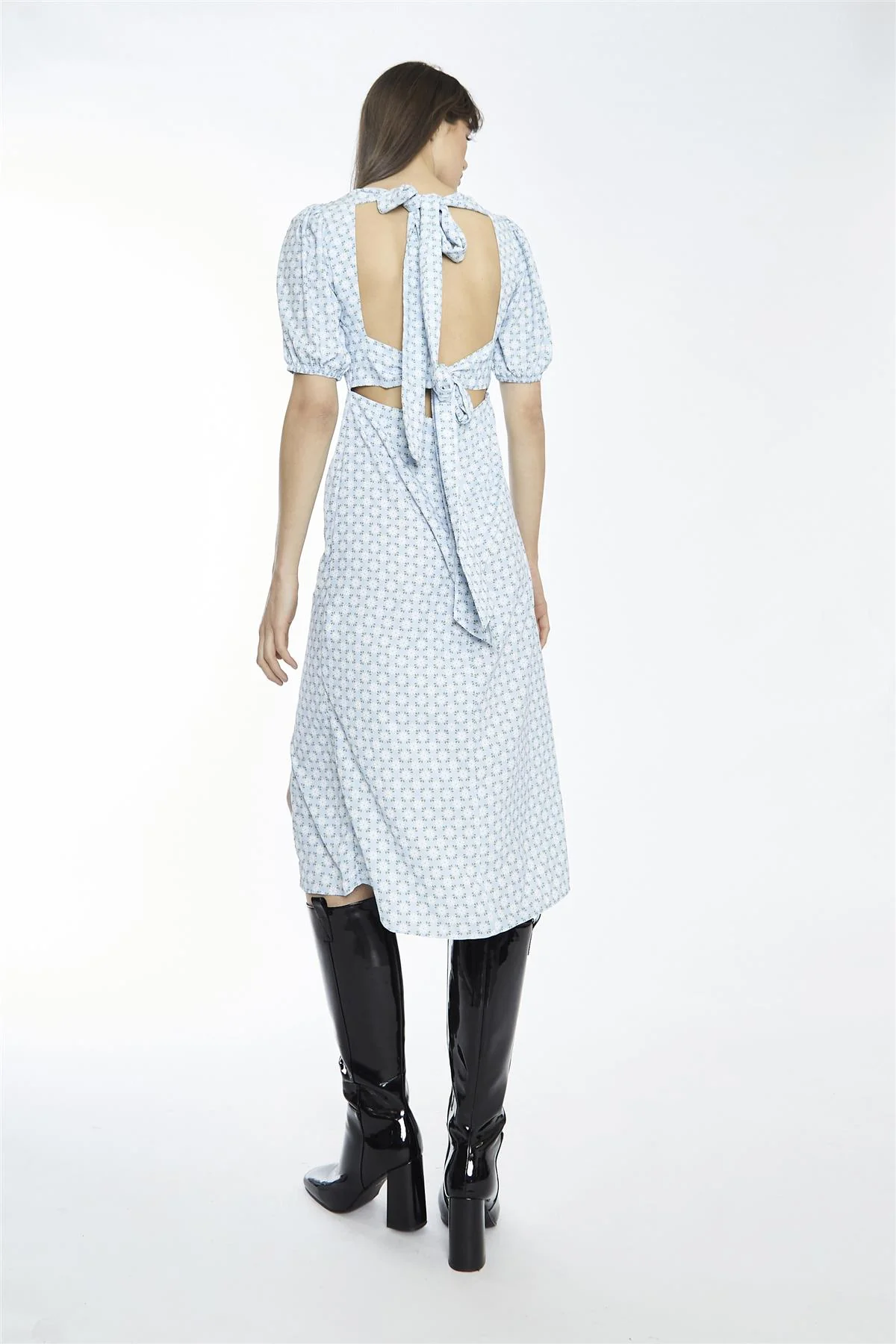 Pale-Blue Ditsy Square-Neck Split Midi-Dress - Image 2