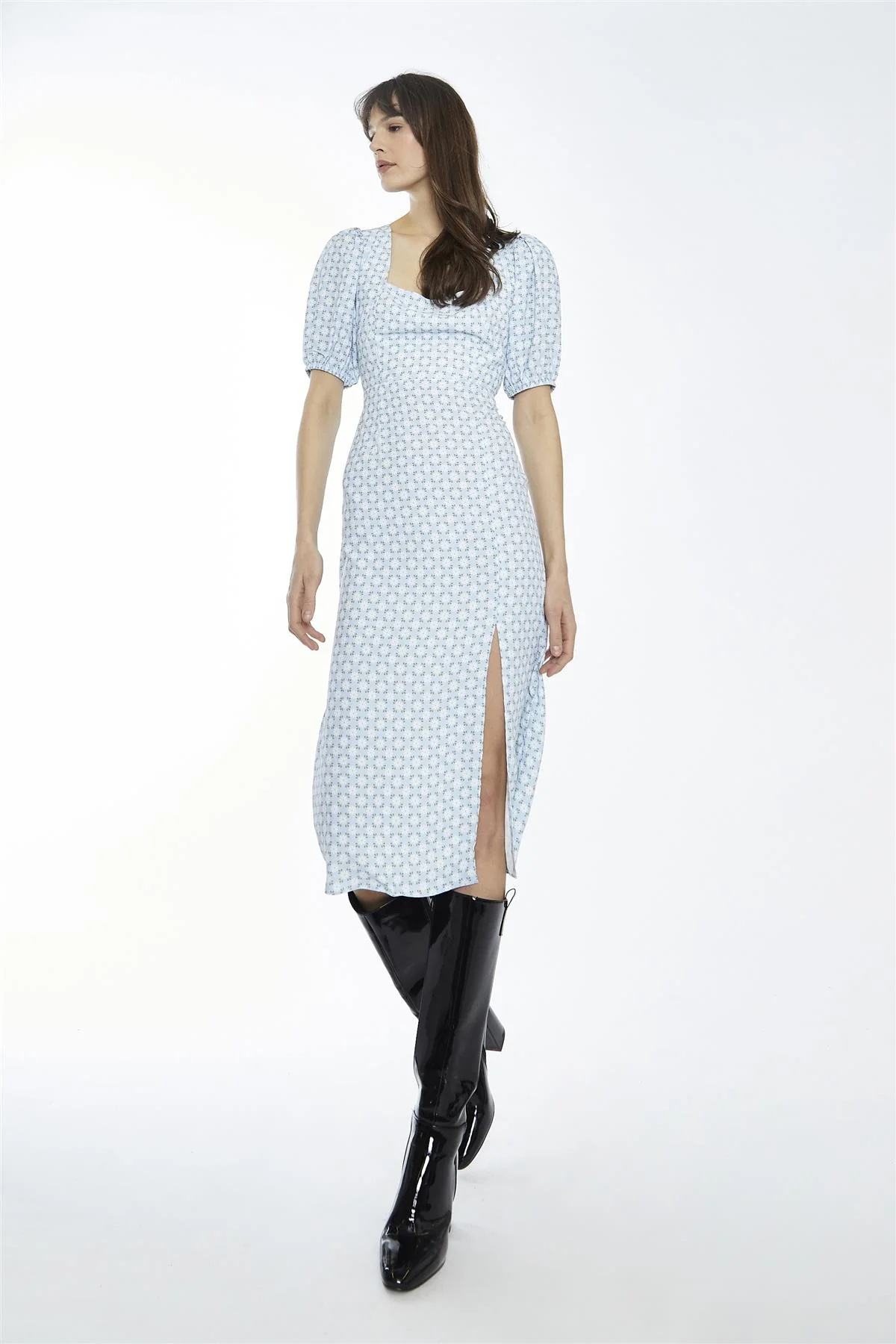 Pale-Blue Ditsy Square-Neck Split Midi-Dress - Image 4