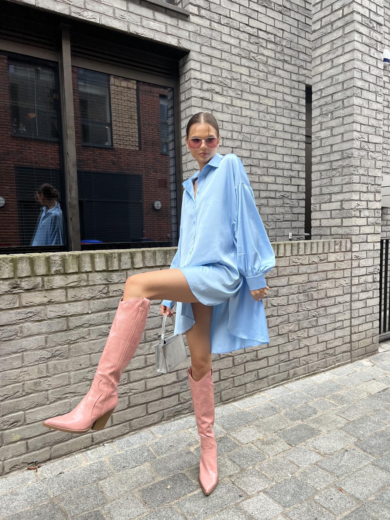 Pale-Blue Satin Shirt-Dress - Image 3
