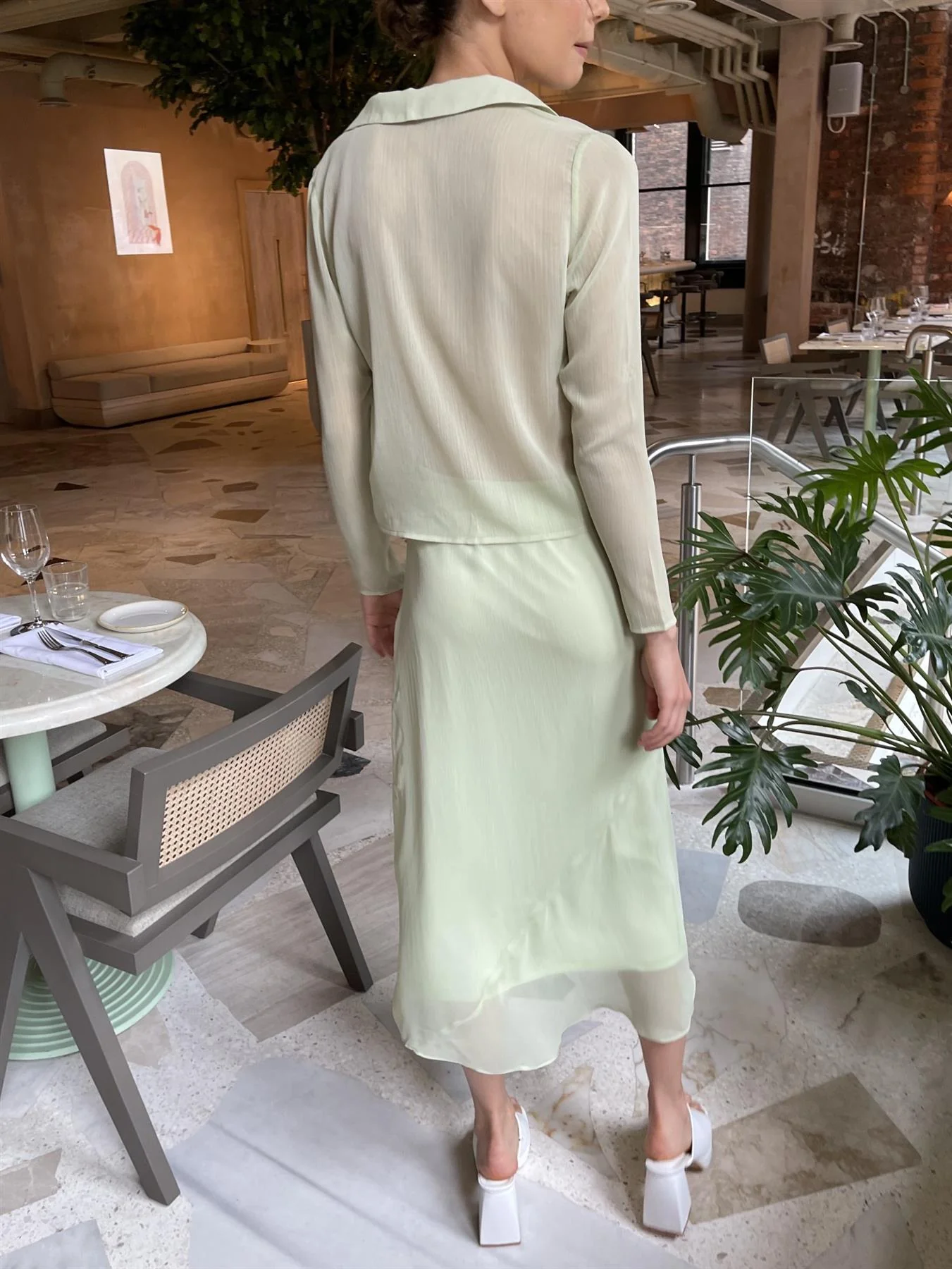 Pale-Green Tie-Front Long Sleeve-Top - Image 2