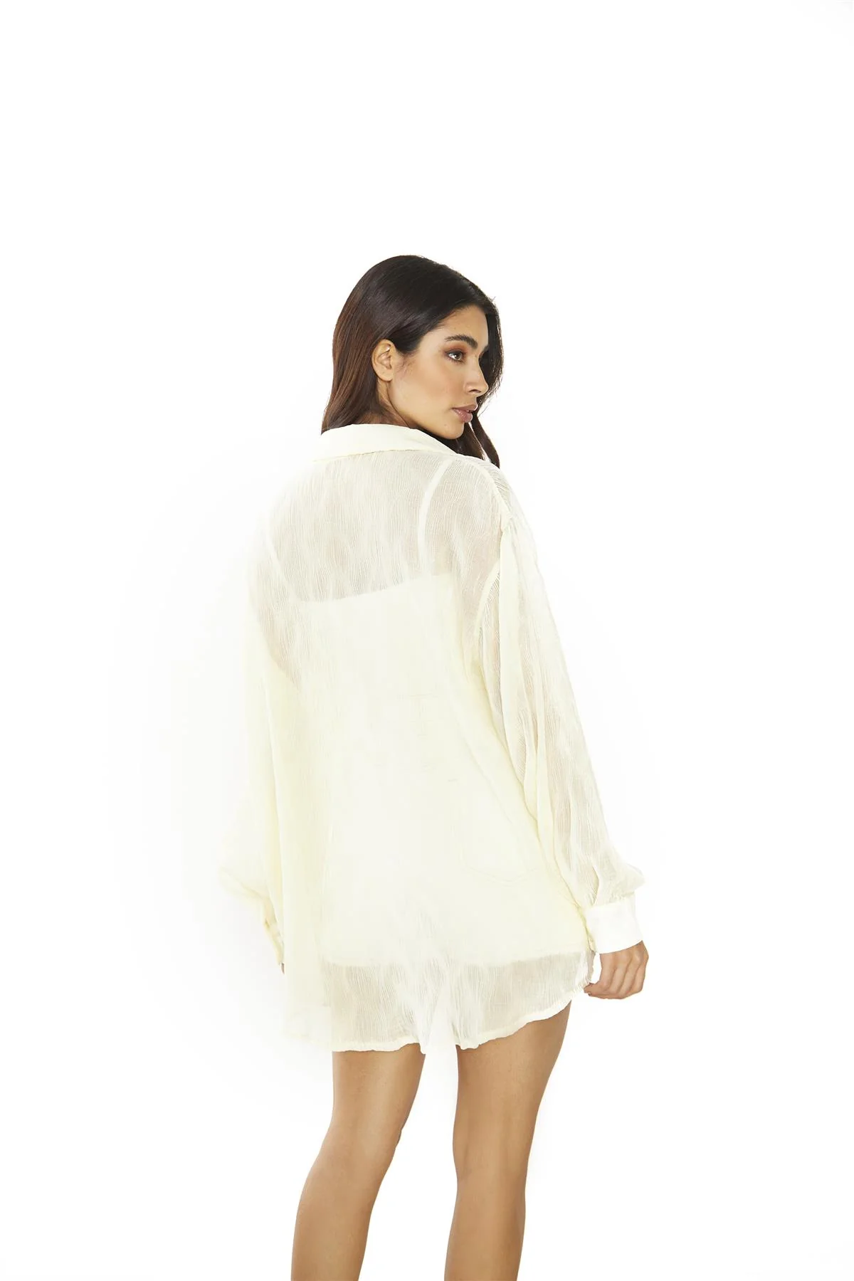Pale-Lemon-Plisse Collared Long Sleeve-Top - Image 2