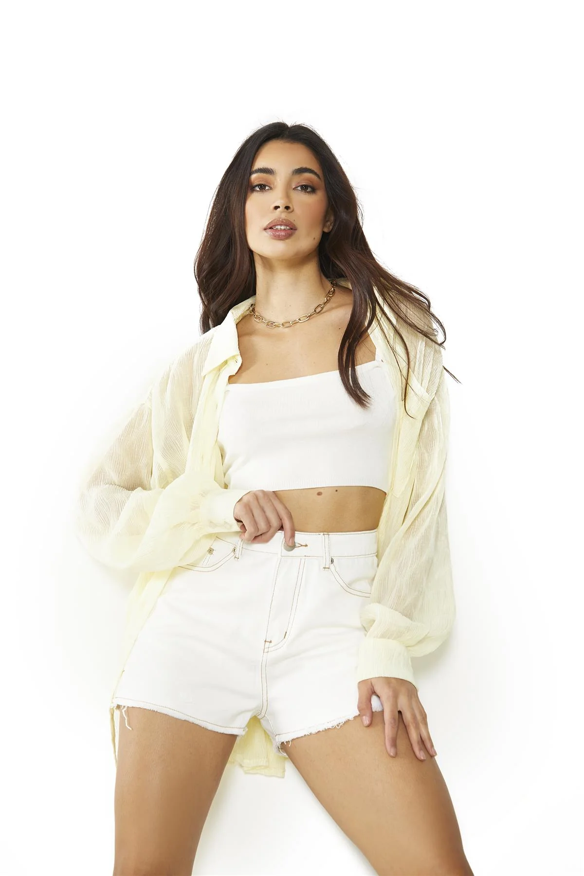 Pale-Lemon-Plisse Collared Long Sleeve-Top - Image 3