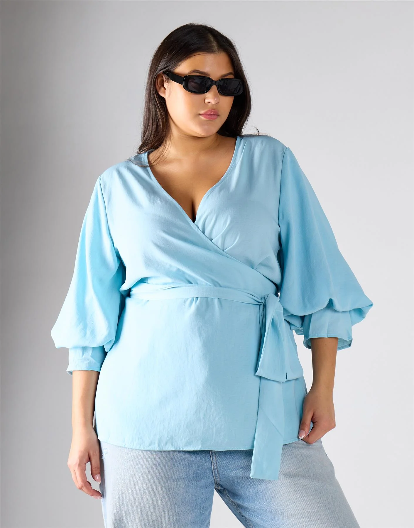 Glamorous Curve Pastel Blue Wrapped Top