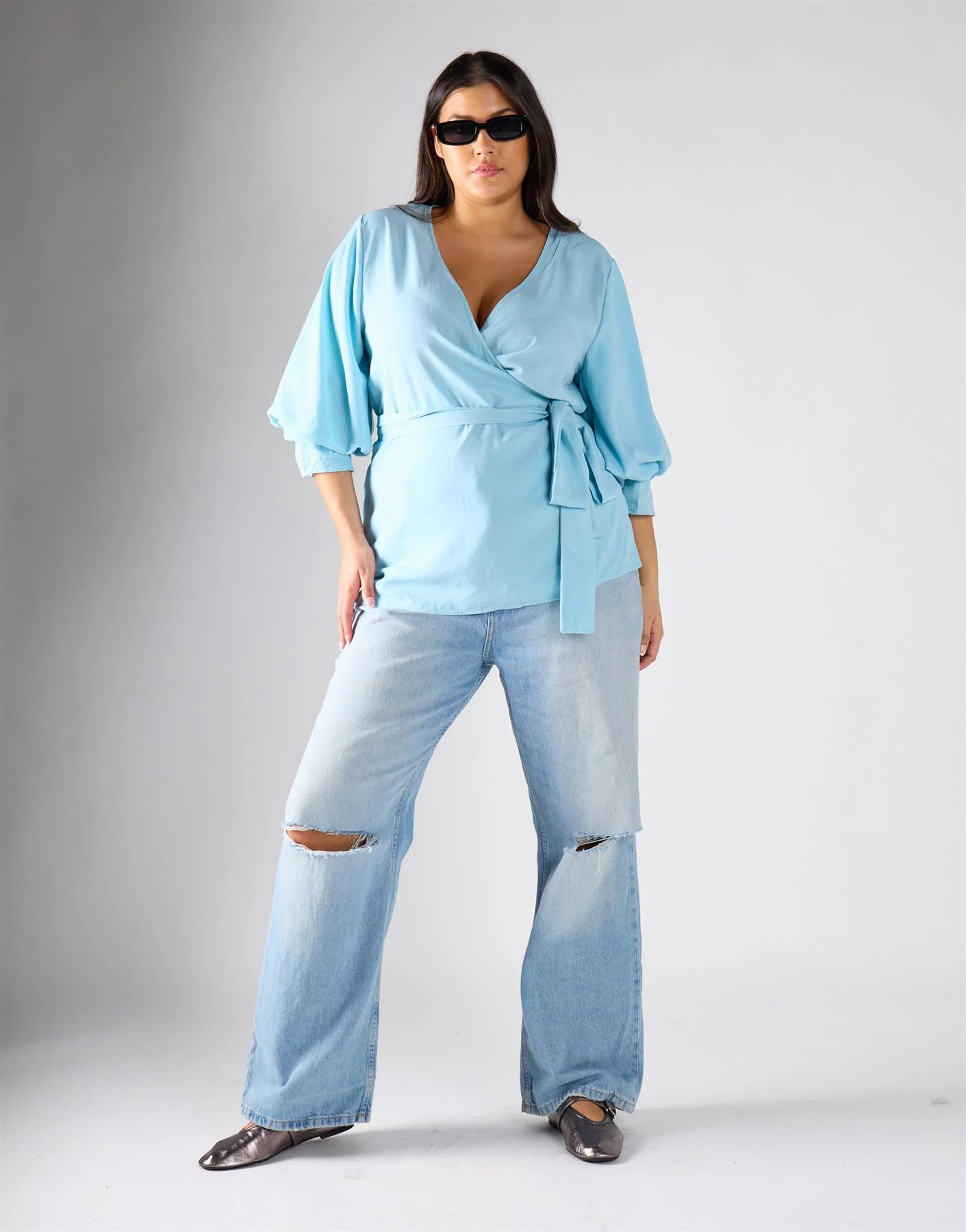 Glamorous Curve Pastel Blue Wrapped Top - Image 2