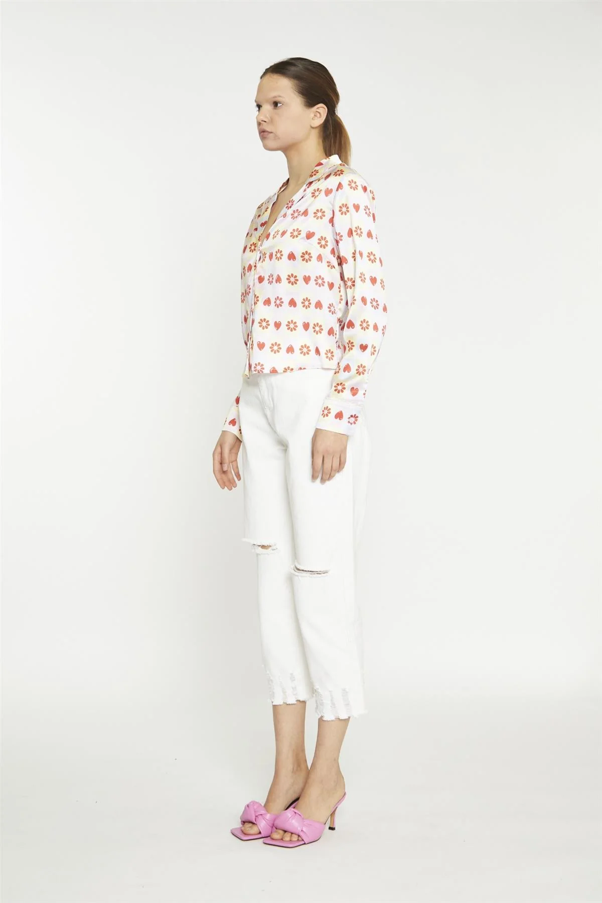 Pastel Tile Print Floral Button-Up Crop-Top - Image 3