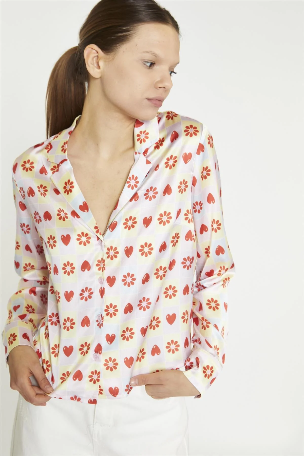 Pastel Tile Print Floral Button-Up Crop-Top - Image 4