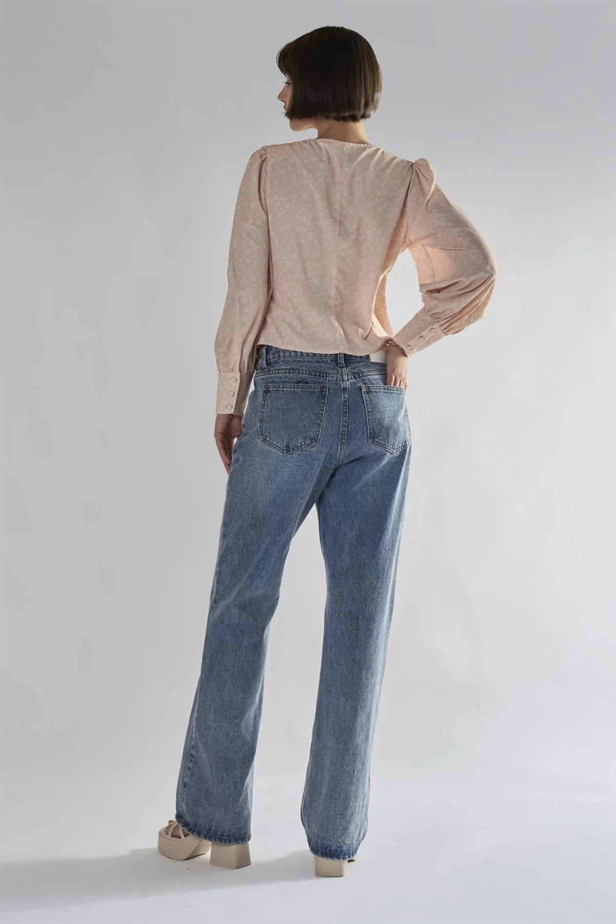 Peach-Ditsy V-Neck-Button-Up Tops - Image 2