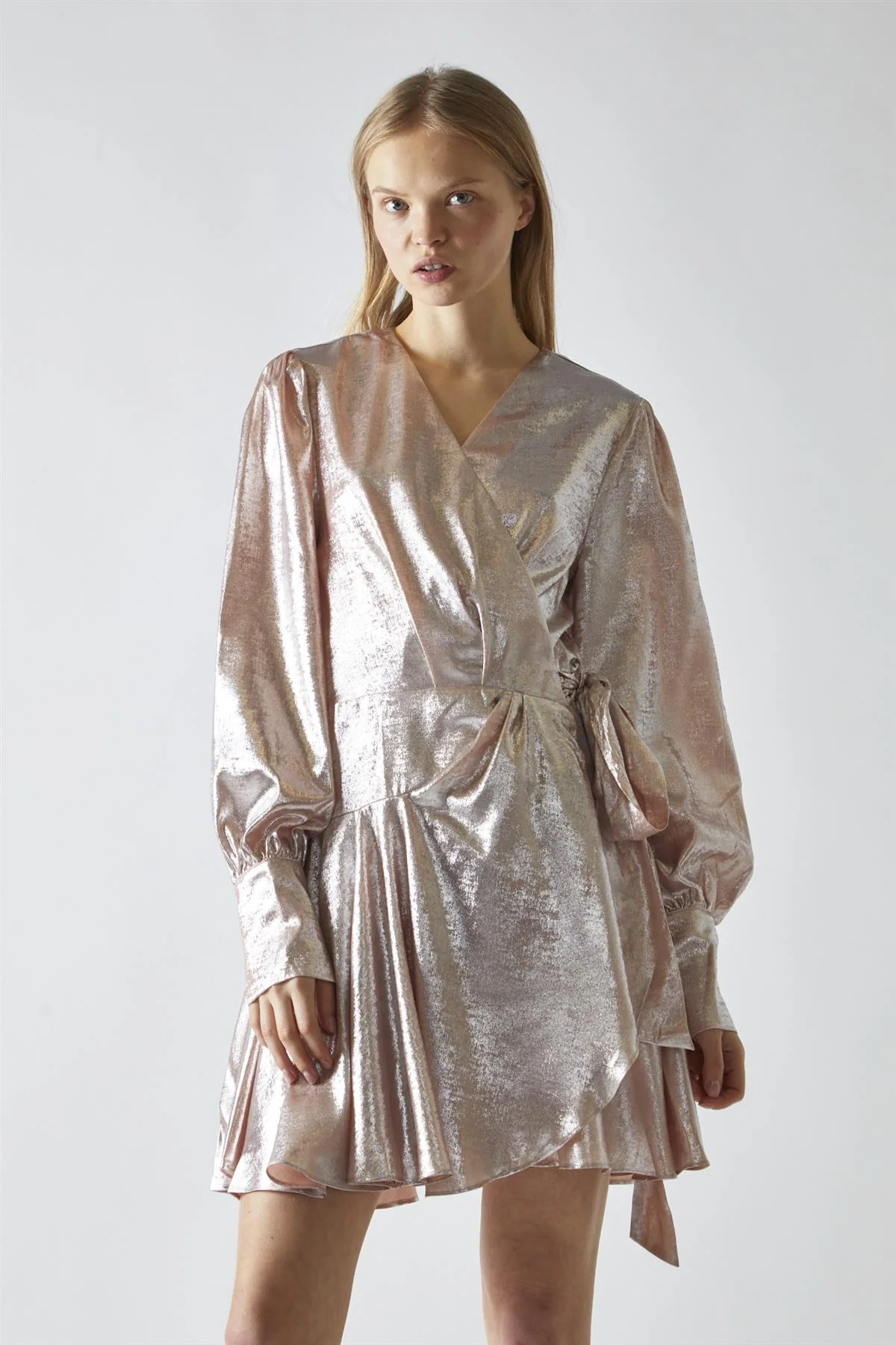 Peach-Metallic Wrap Mini-Dress - Image 3
