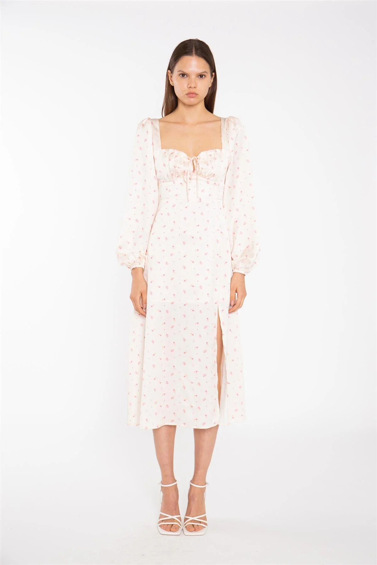 Peach-Pink Daisy Milkmaid Midi-Dress