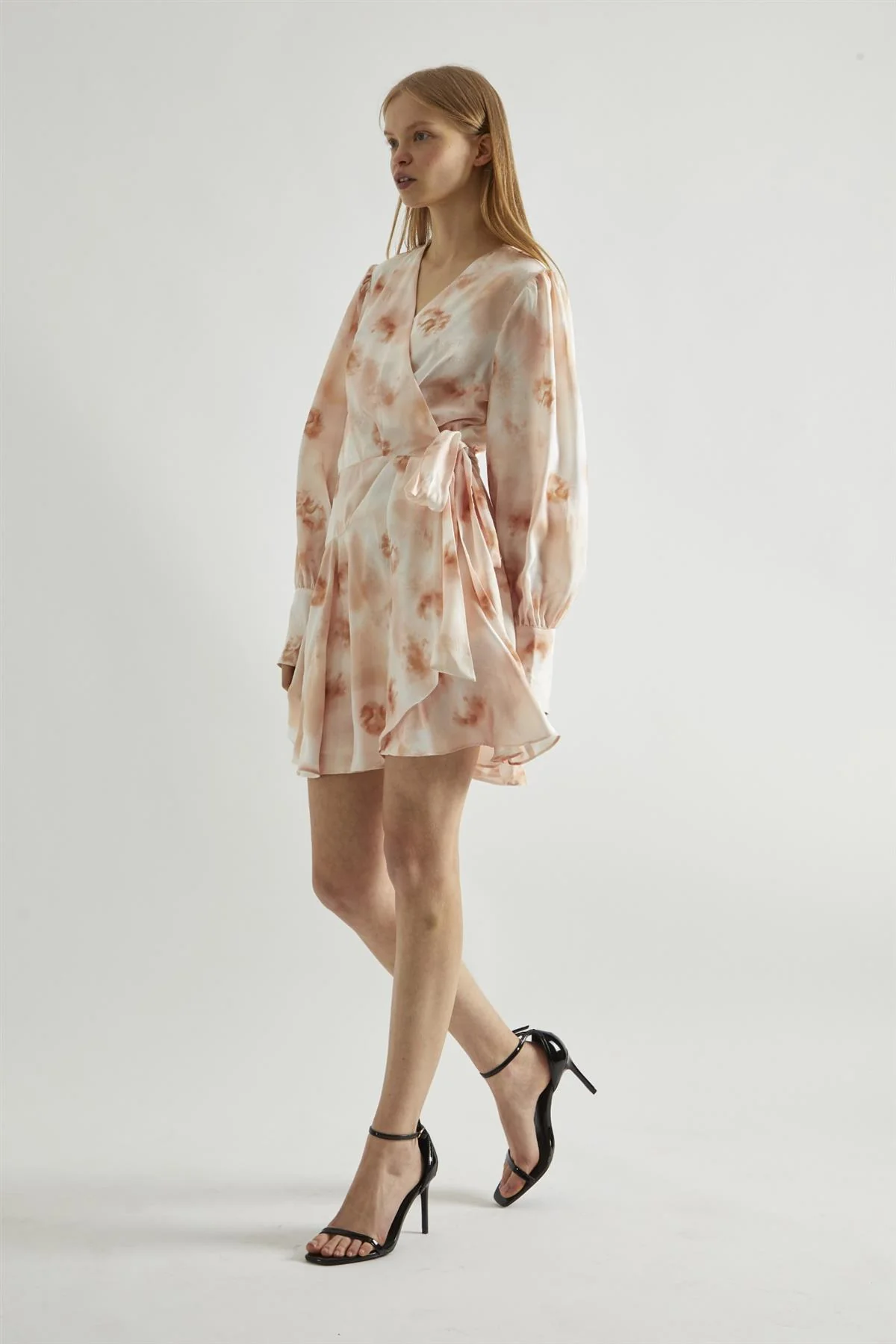 Peach-Watercolour Wrap Mini-dress - Image 4