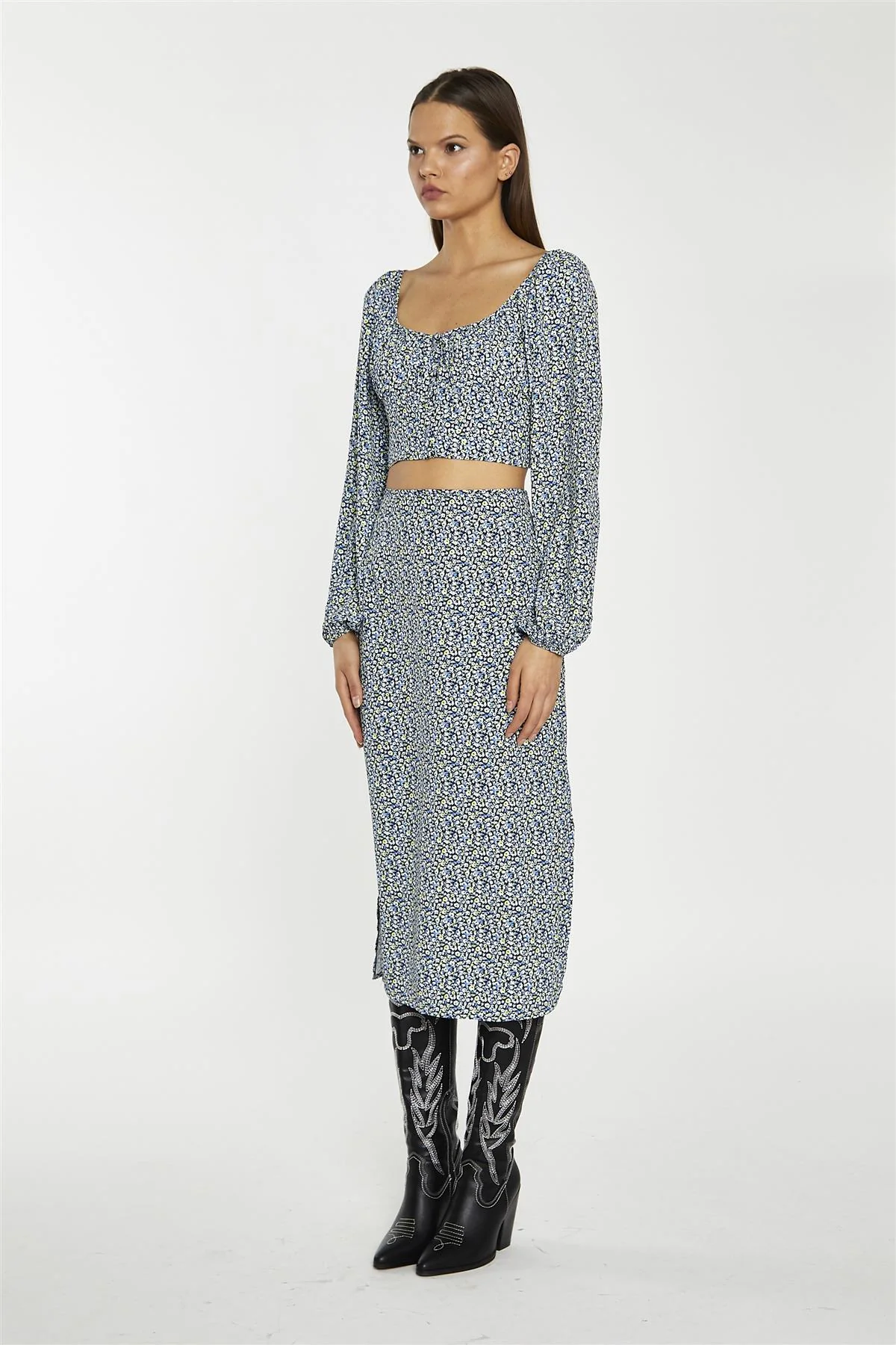 Pencil Midi Skirt - Blue Lime Ditsy - Image 3