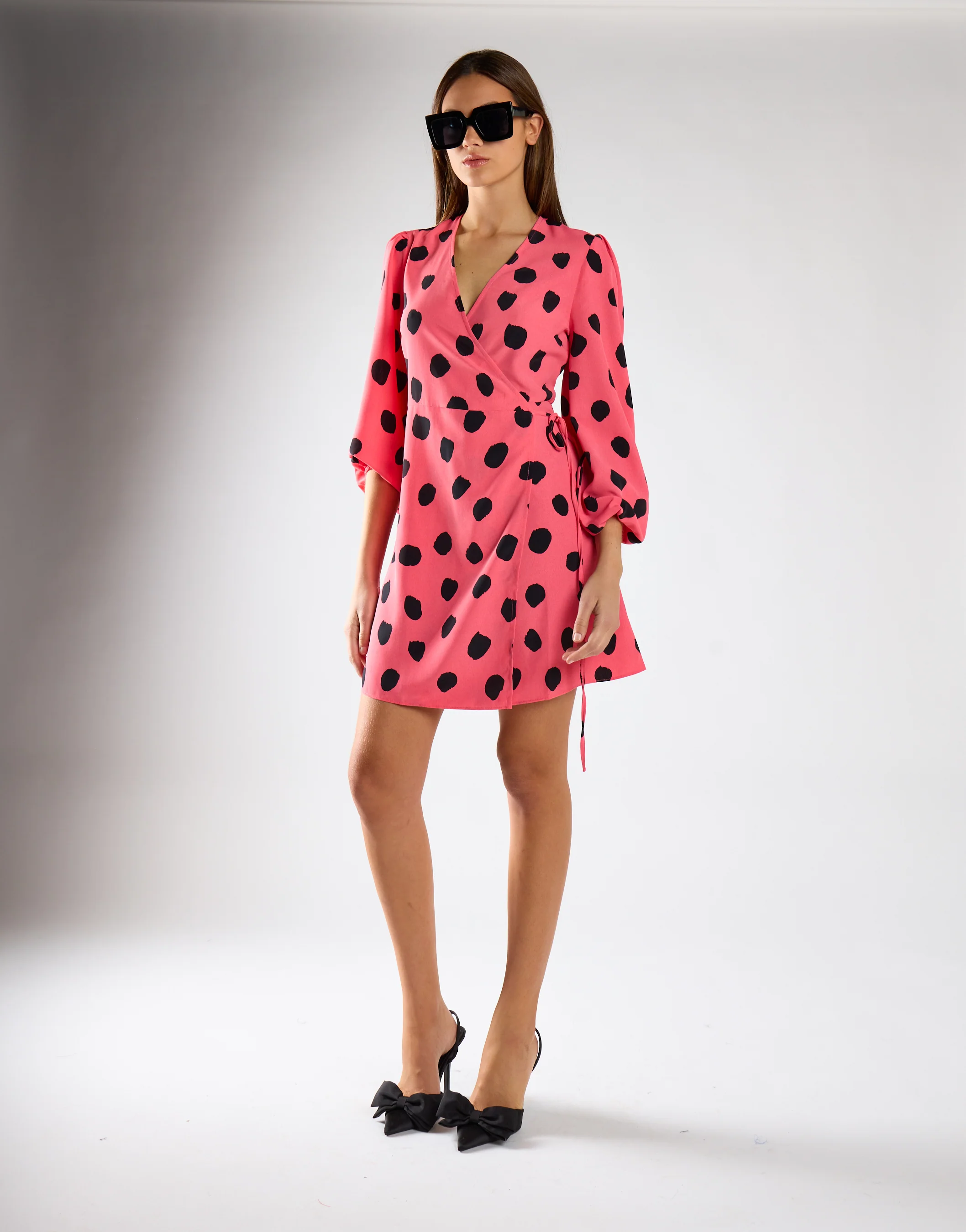 Pink Black Messy Spot V-Neck Mini Dress