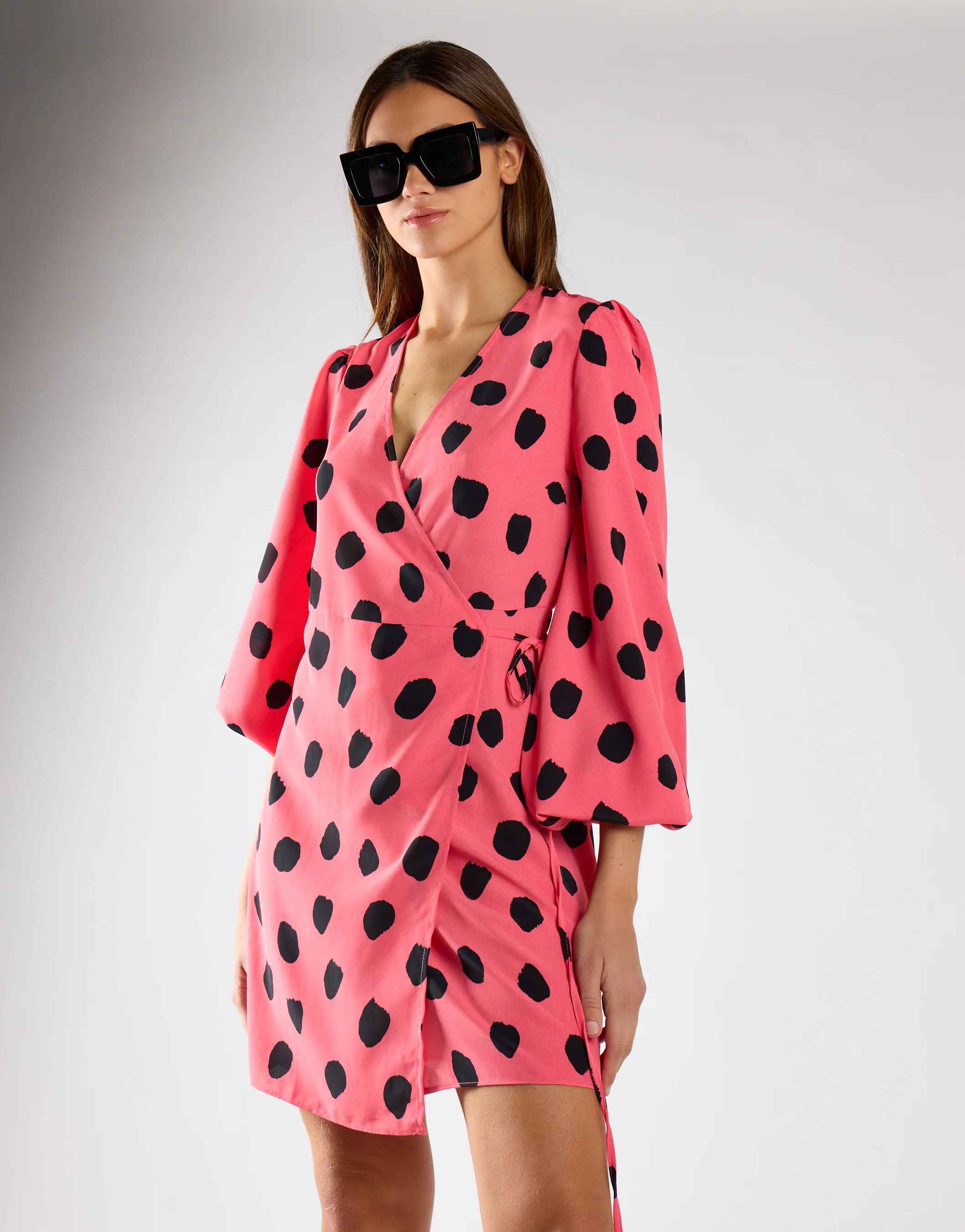 Pink Black Messy Spot V-Neck Mini Dress - Image 3