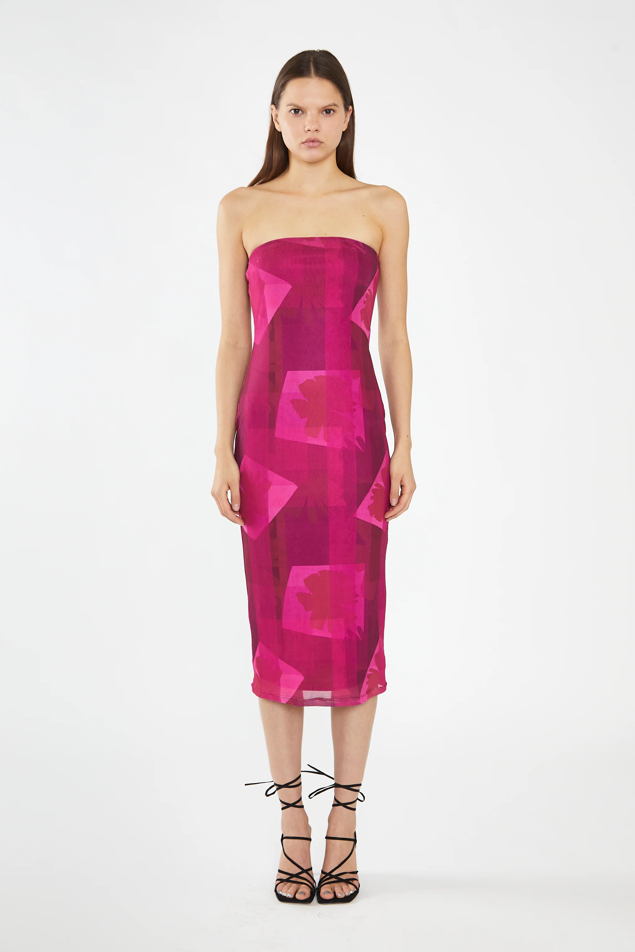 Pink-Block Mesh Bandeau Bodycon Midaxi-Dress