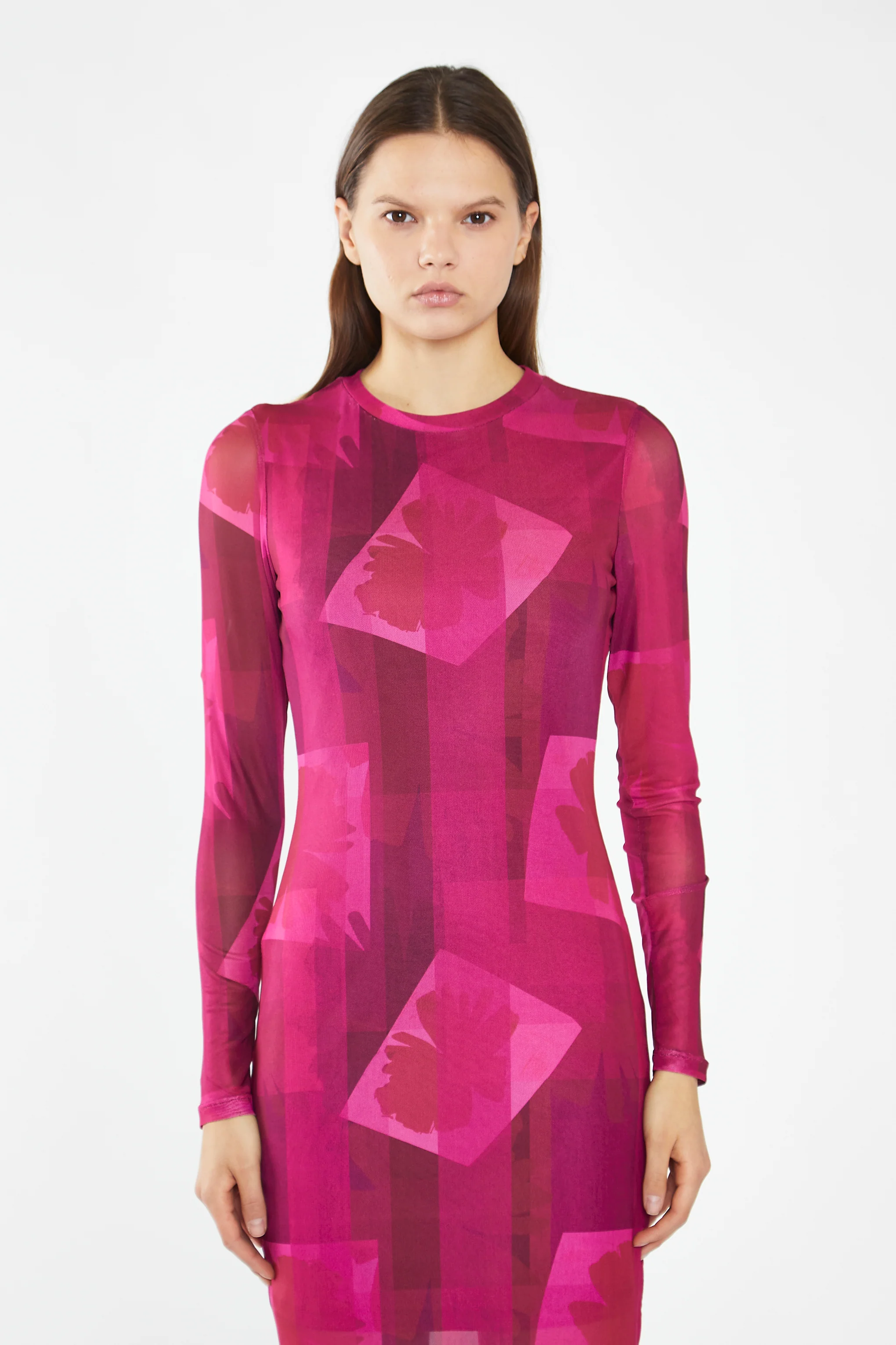 Pink-Block Mesh Crew-Neck Bodycon Maxi-Dress - Image 2