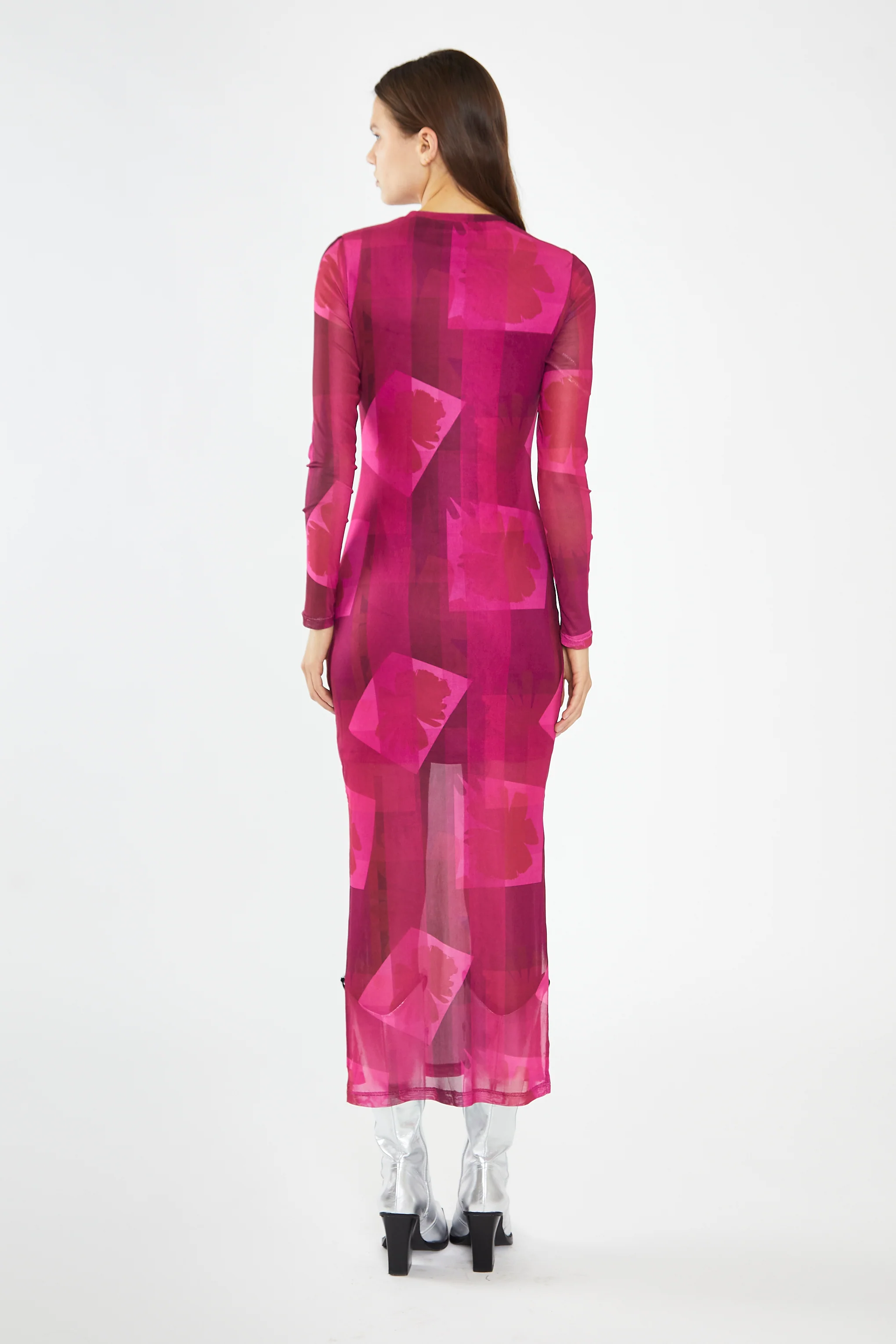 Pink-Block Mesh Crew-Neck Bodycon Maxi-Dress - Image 3