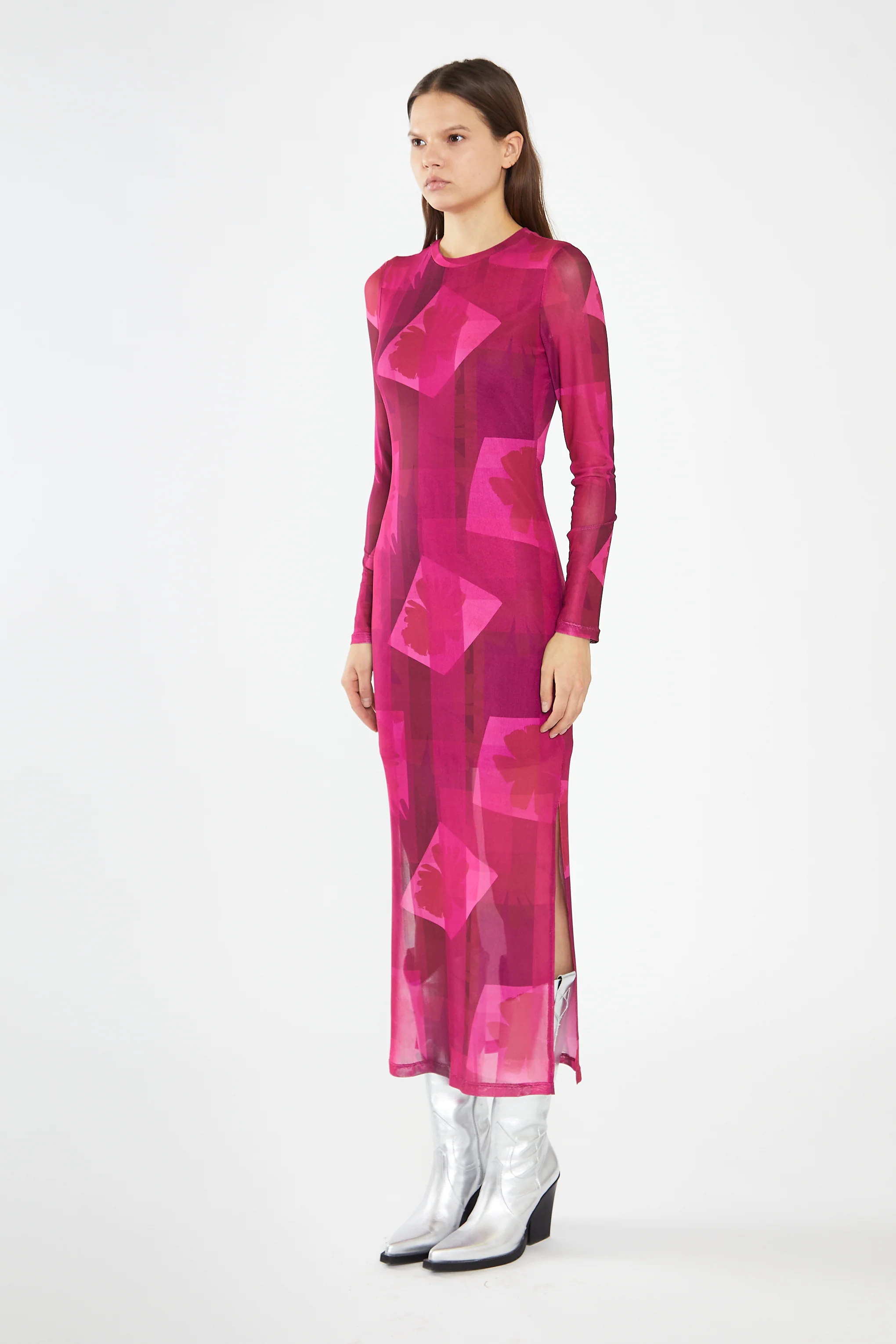 Pink-Block Mesh Crew-Neck Bodycon Maxi-Dress - Image 4