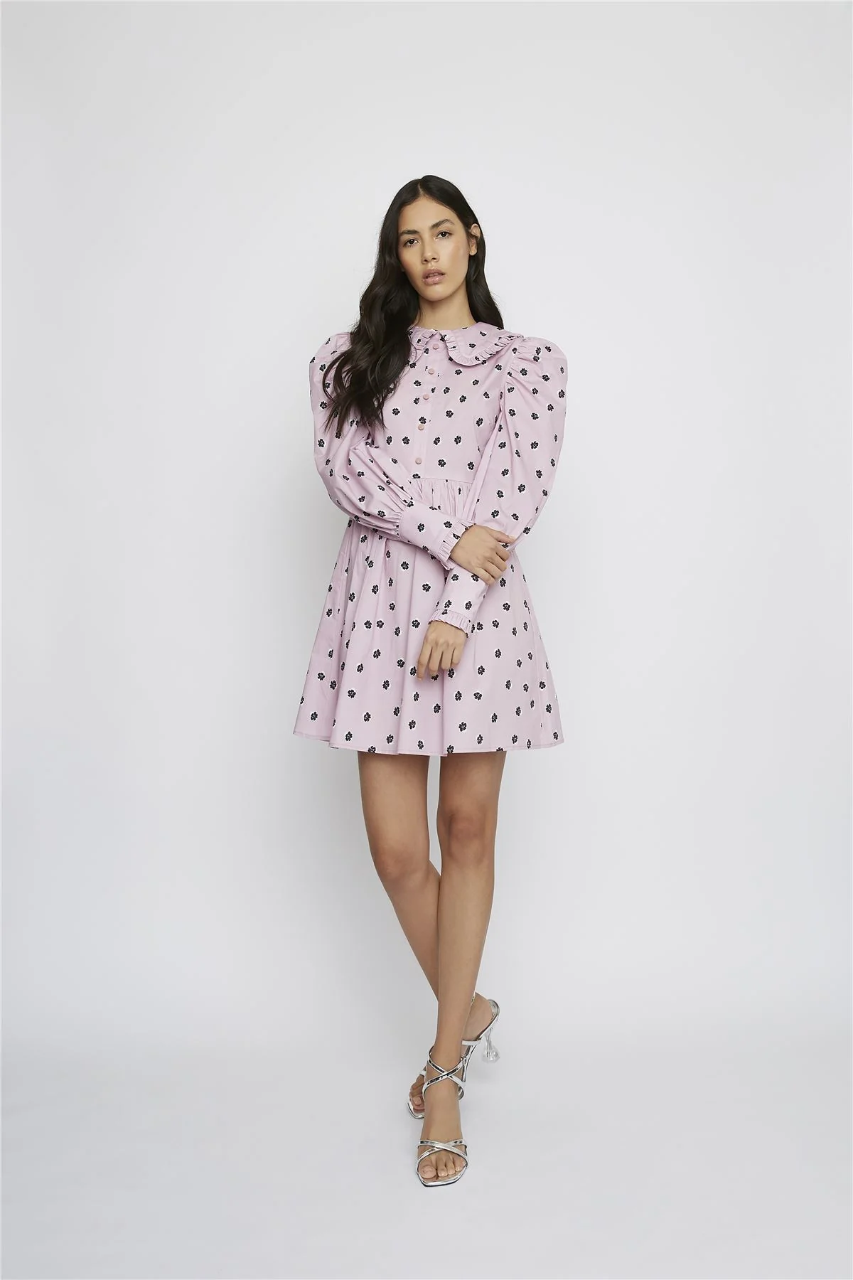 Pink Ditsy Cotton Button-Up Collared Mini-Dress - Image 2