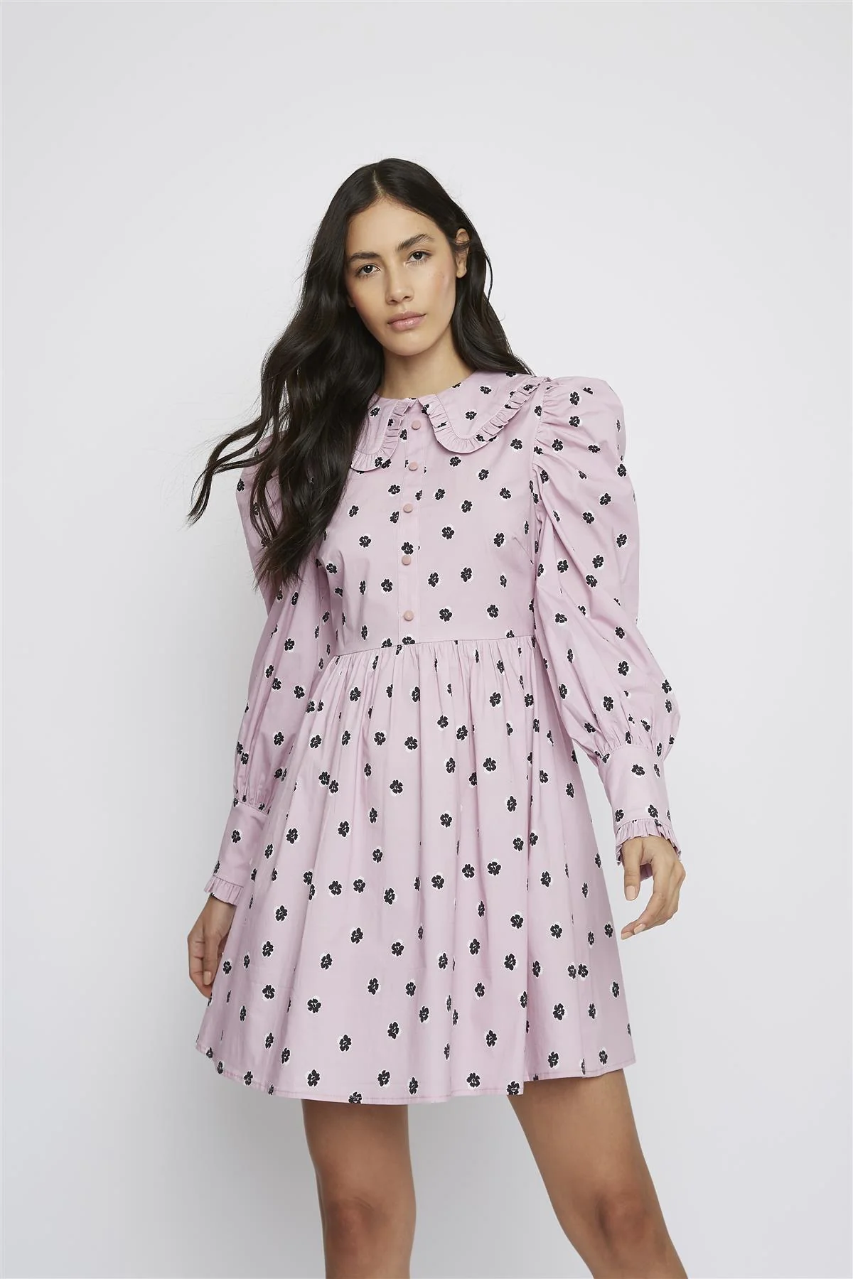 Pink Ditsy Cotton Button-Up Collared Mini-Dress - Image 6