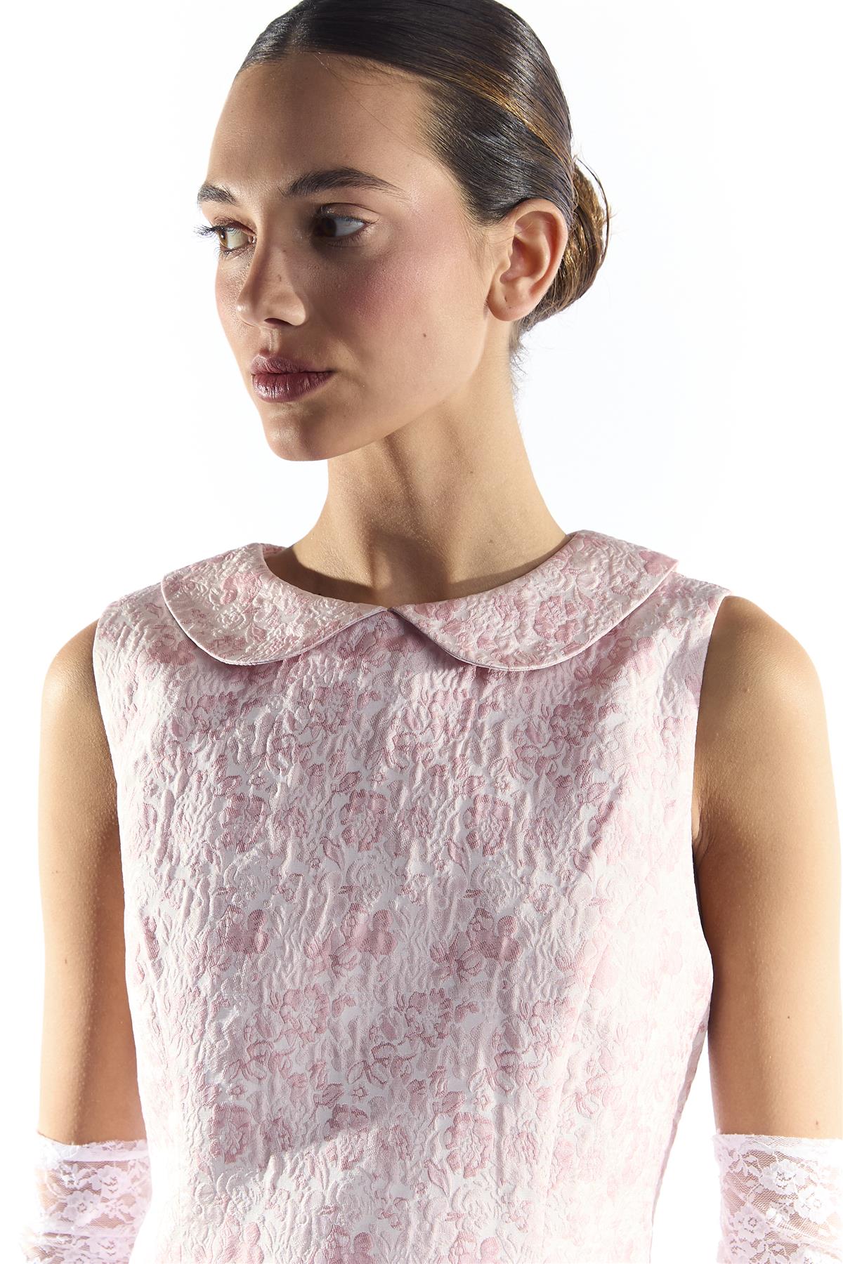 Pink Floral Brocade Collared Mini Dress with Dropped Waist - Image 3