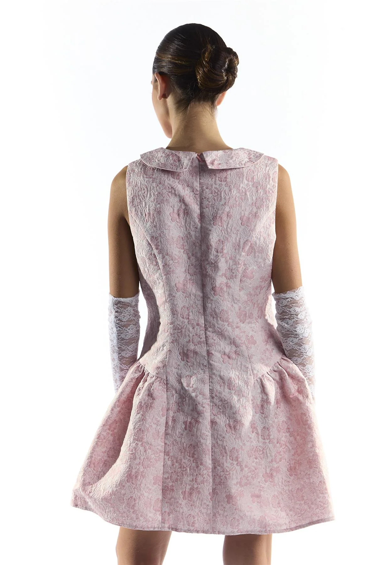 Pink Floral Brocade Collared Mini Dress with Dropped Waist - Image 4