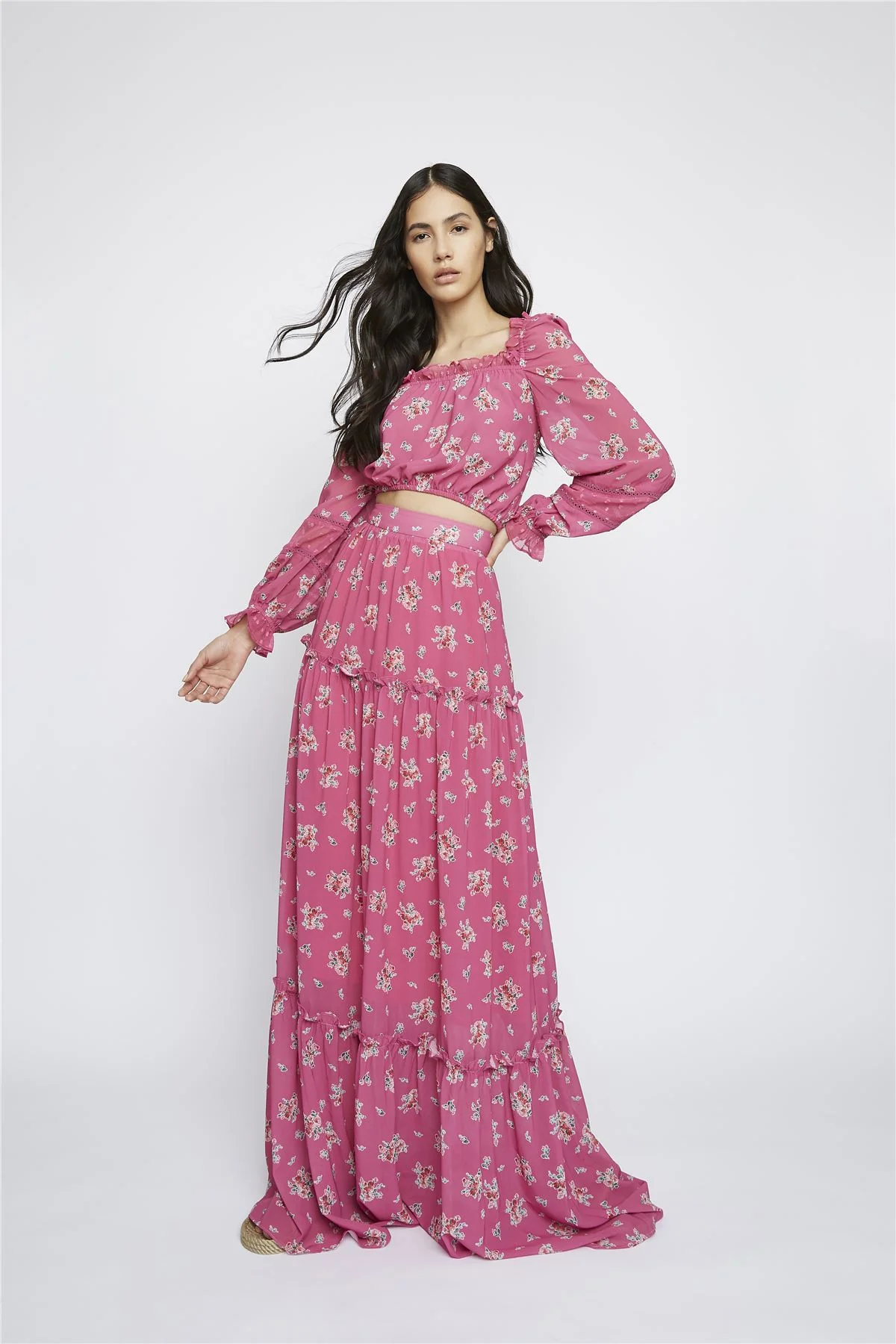 Pink Floral Square Frill Neck Crop Top - Image 4