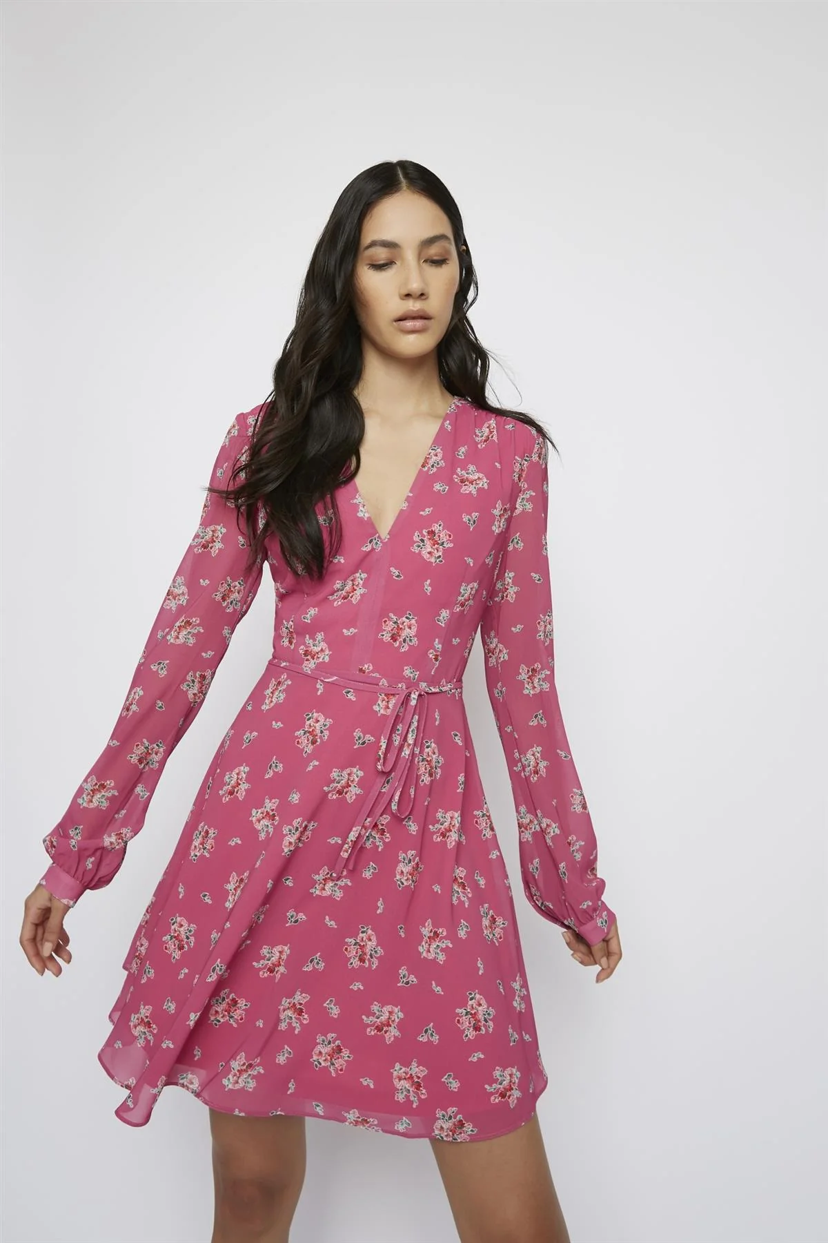 Pink-Floral V-neck Mini-Dress - Image 3