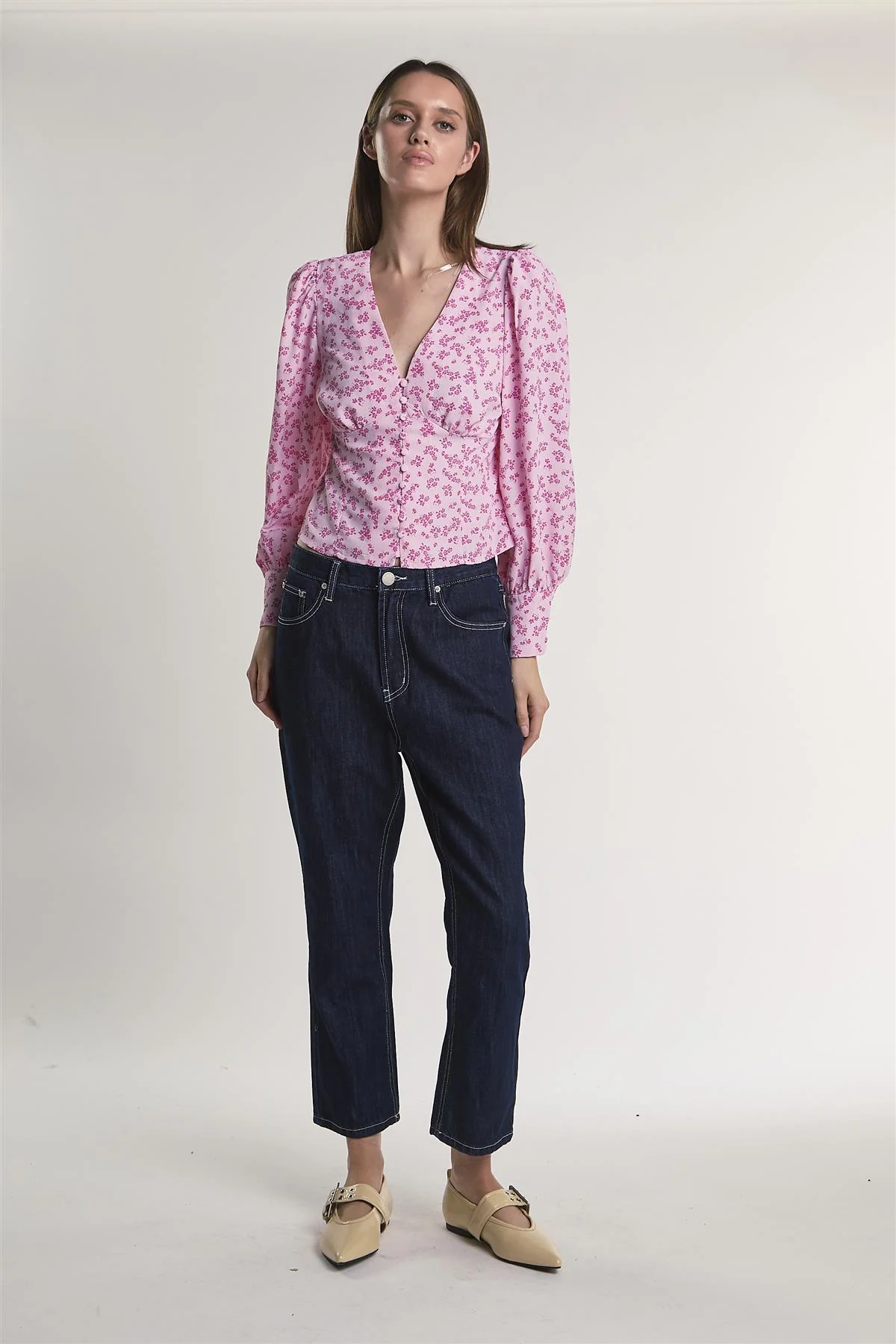 Pink-Fuschia-Ditsy Button-Front -Top