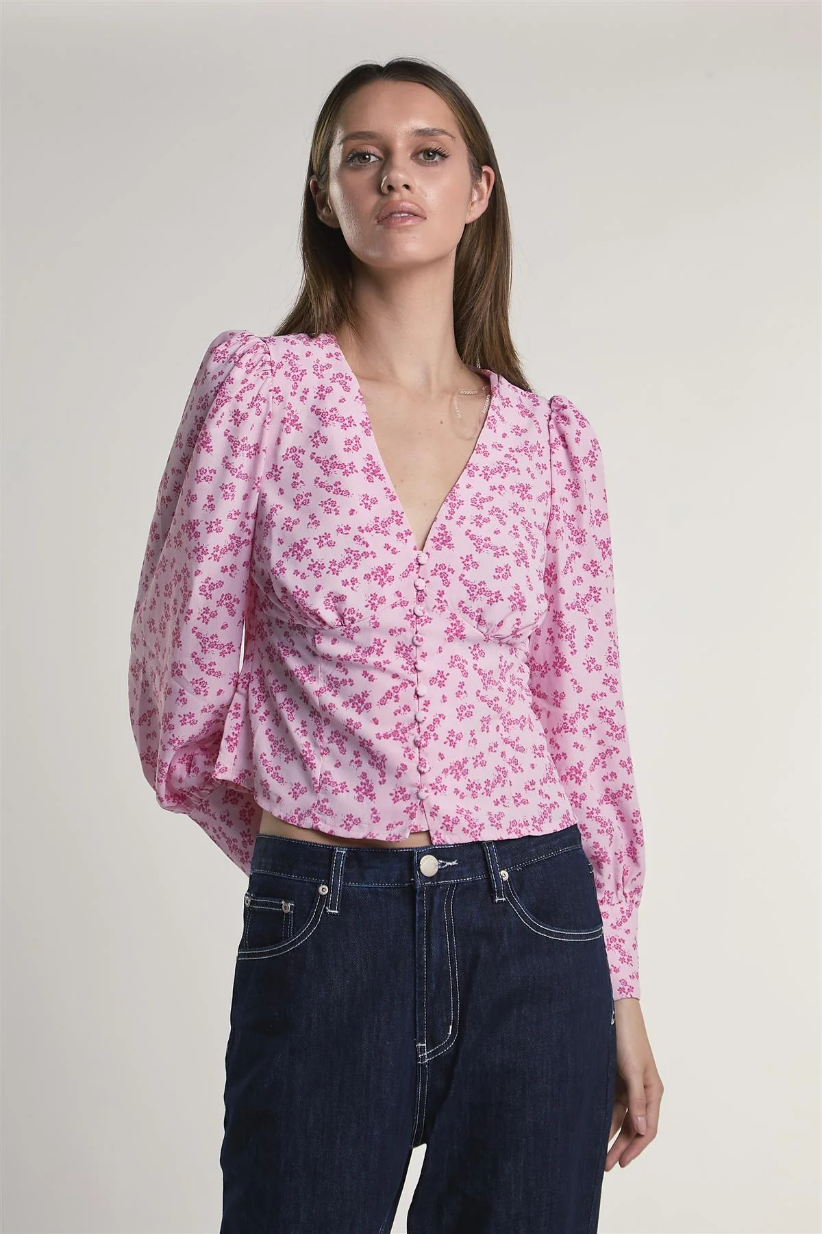 Pink-Fuschia-Ditsy Button-Front -Top - Image 3