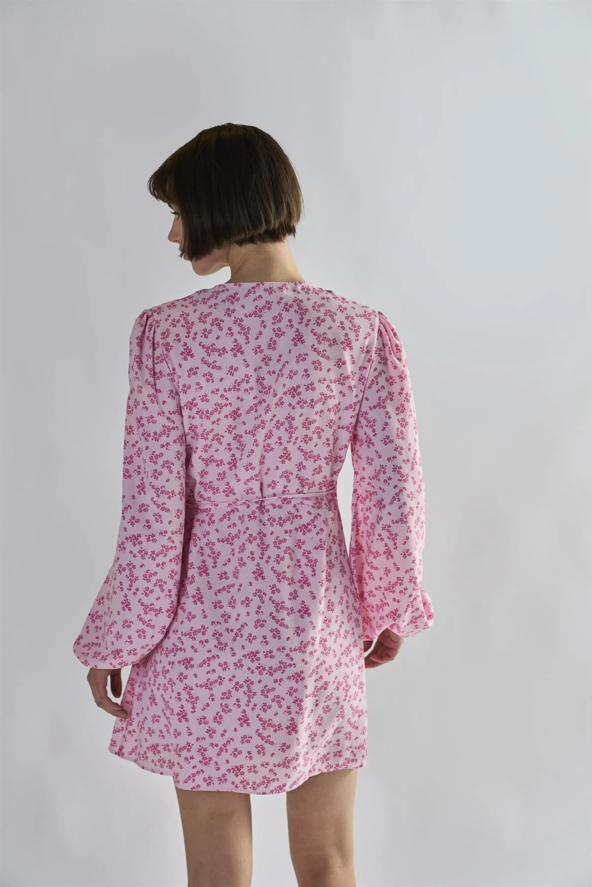 Pink-Fuschia-Ditsy Wrap Mini-Dress - Image 2