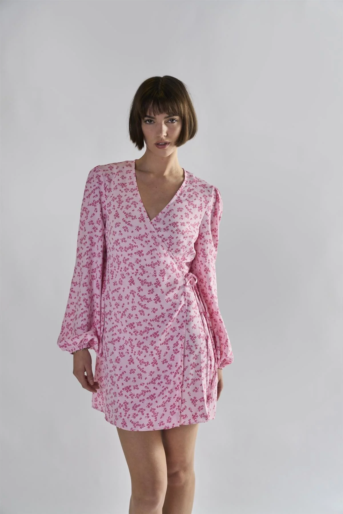 Pink-Fuschia-Ditsy Wrap Mini-Dress - Image 3