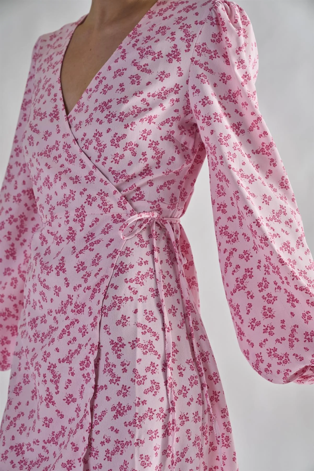 Pink-Fuschia-Ditsy Wrap Mini-Dress - Image 5