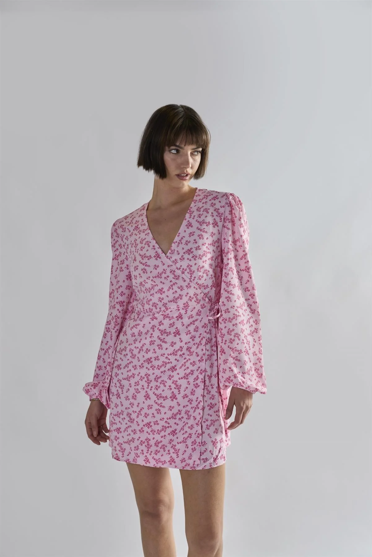 Pink-Fuschia-Ditsy Wrap Mini-Dress - Image 6
