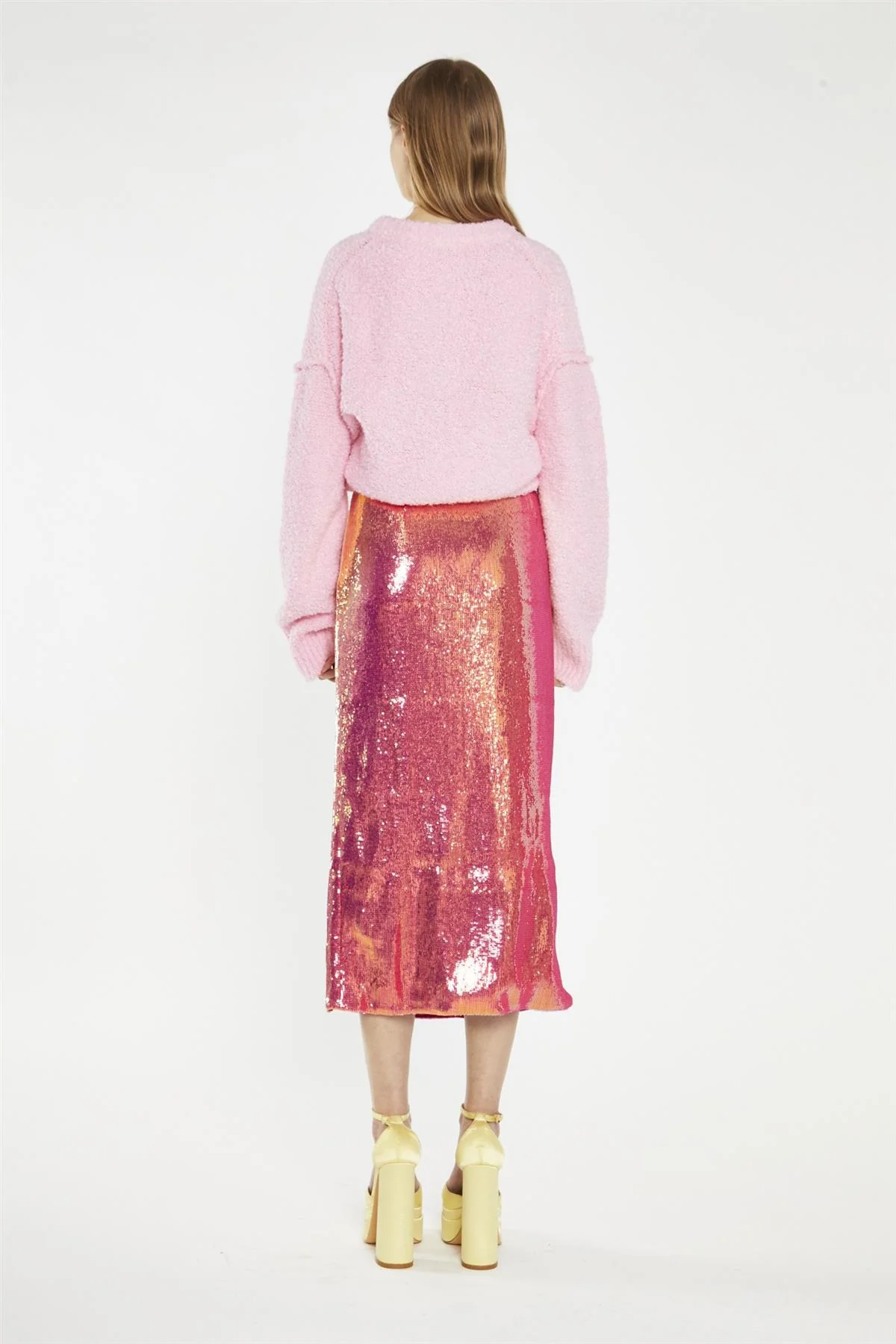 Pink-Gold Sequin Side-Split Midi-Skirt - Image 2