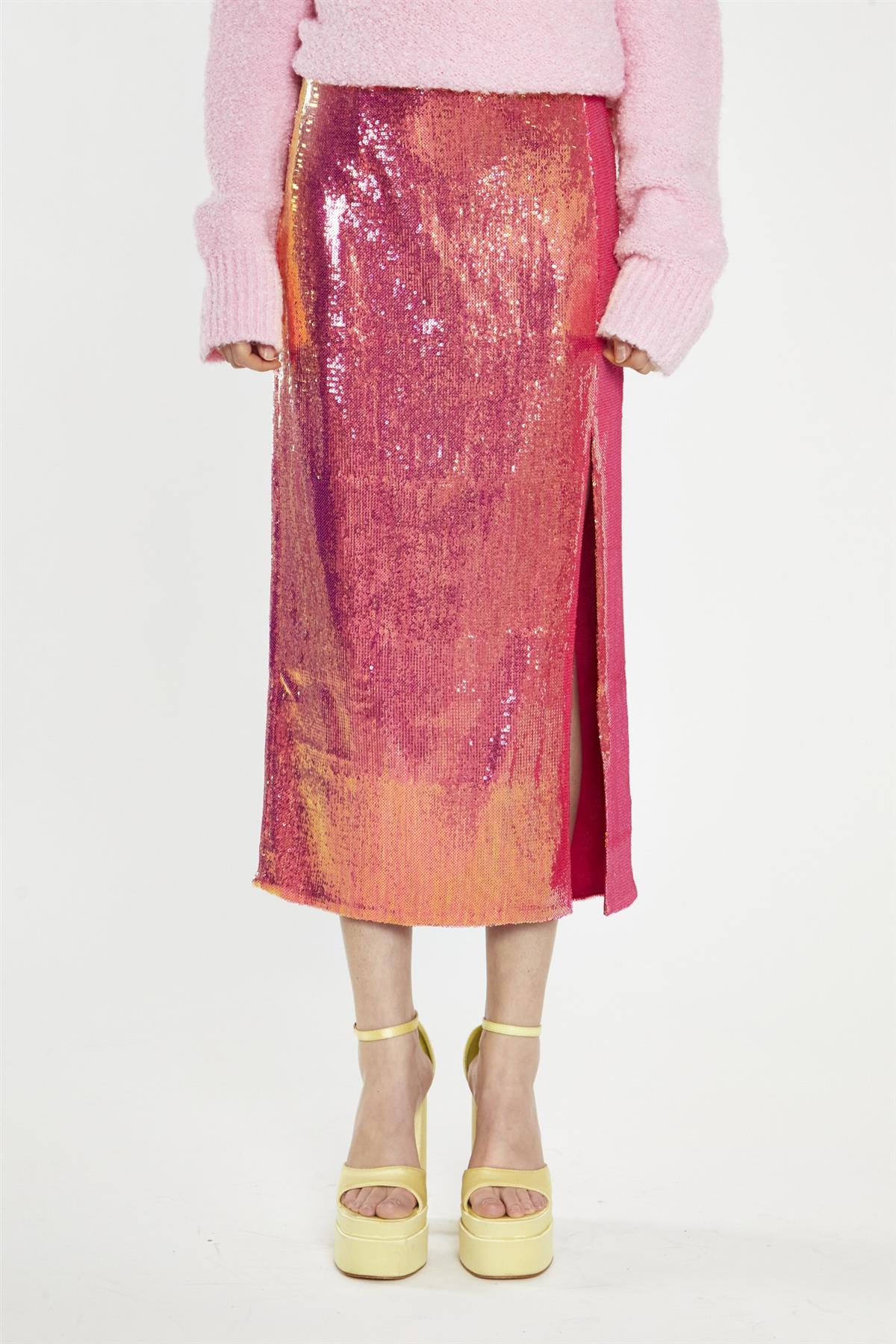 Pink-Gold Sequin Side-Split Midi-Skirt - Image 3