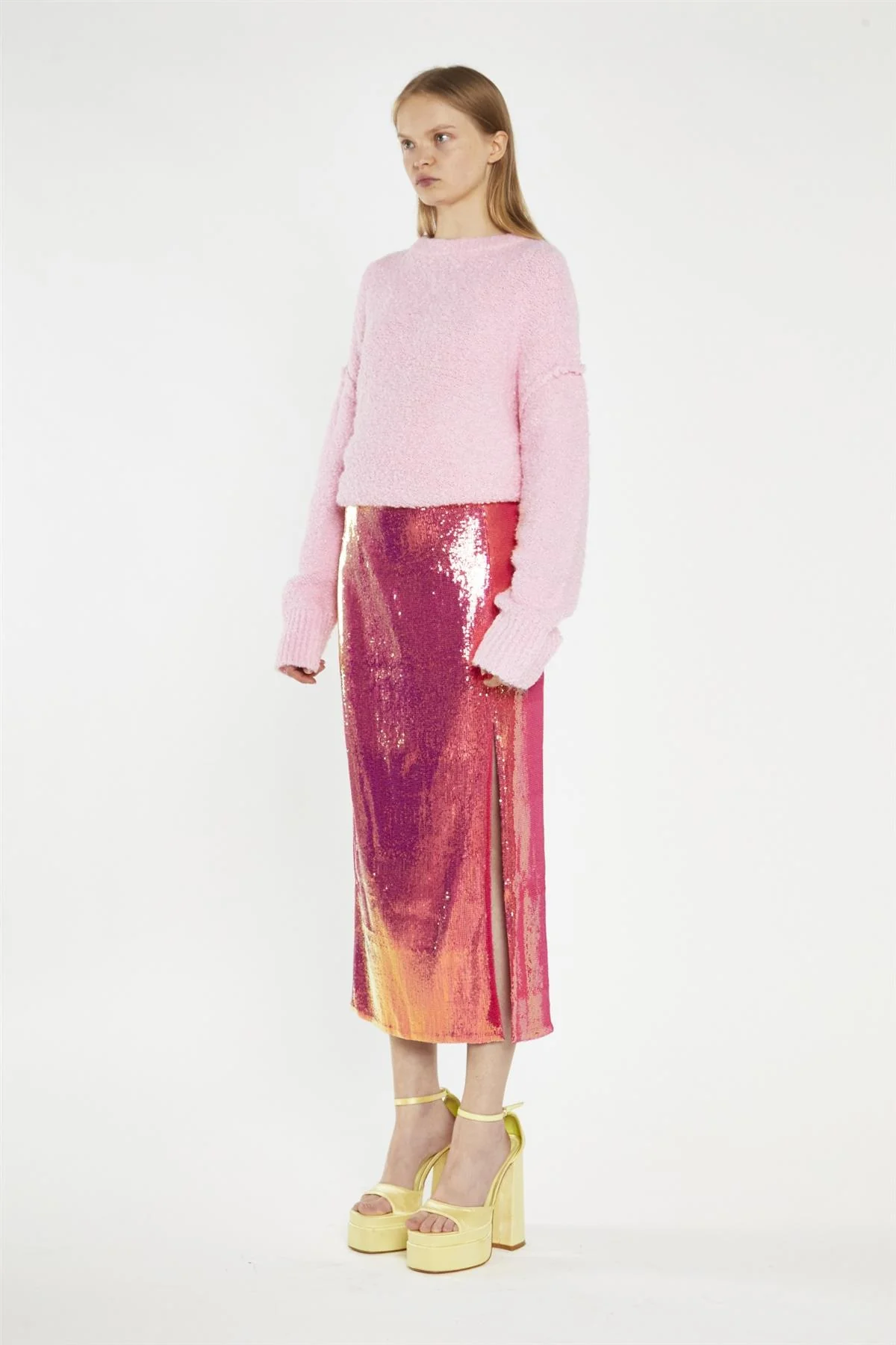 Pink-Gold Sequin Side-Split Midi-Skirt - Image 4