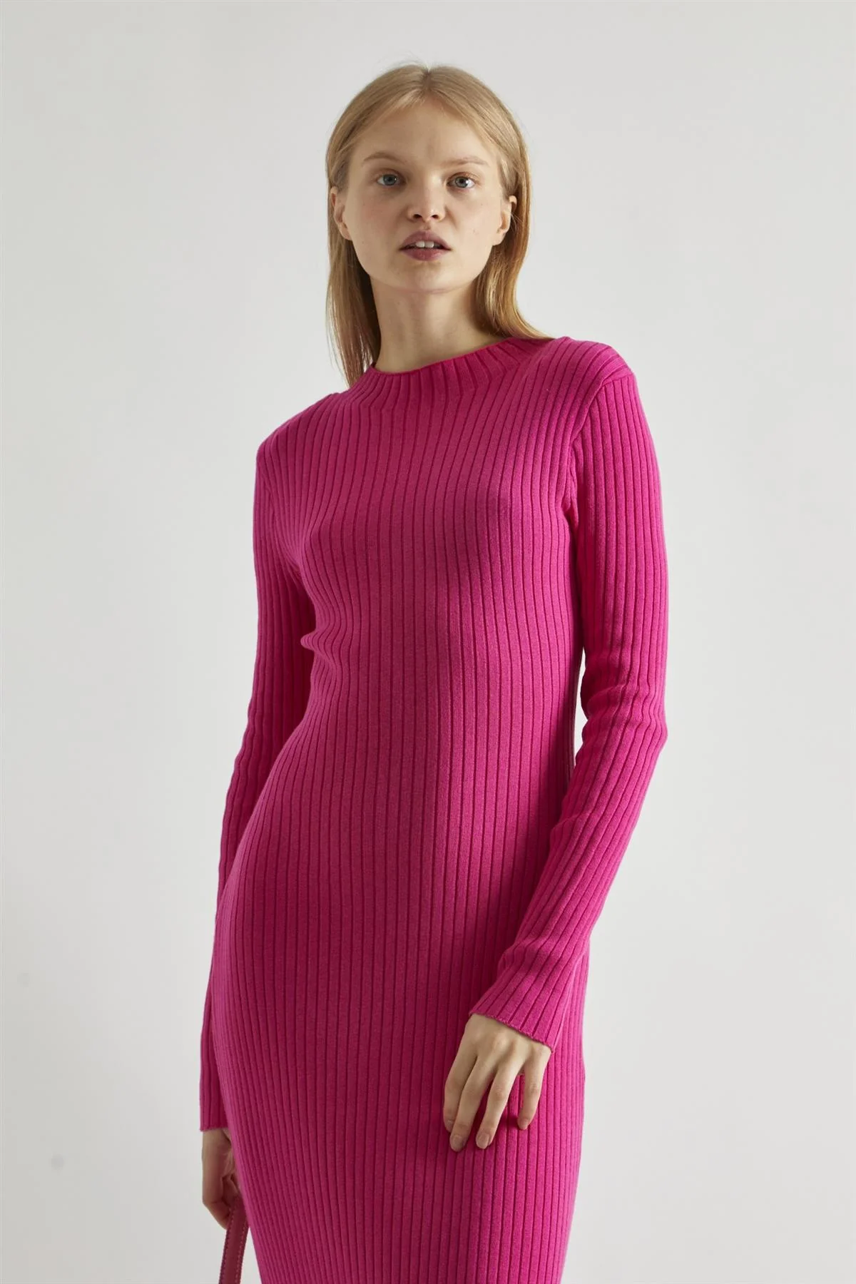 Pink High-Neck Rib-Knit Midaxi-dress - Image 3