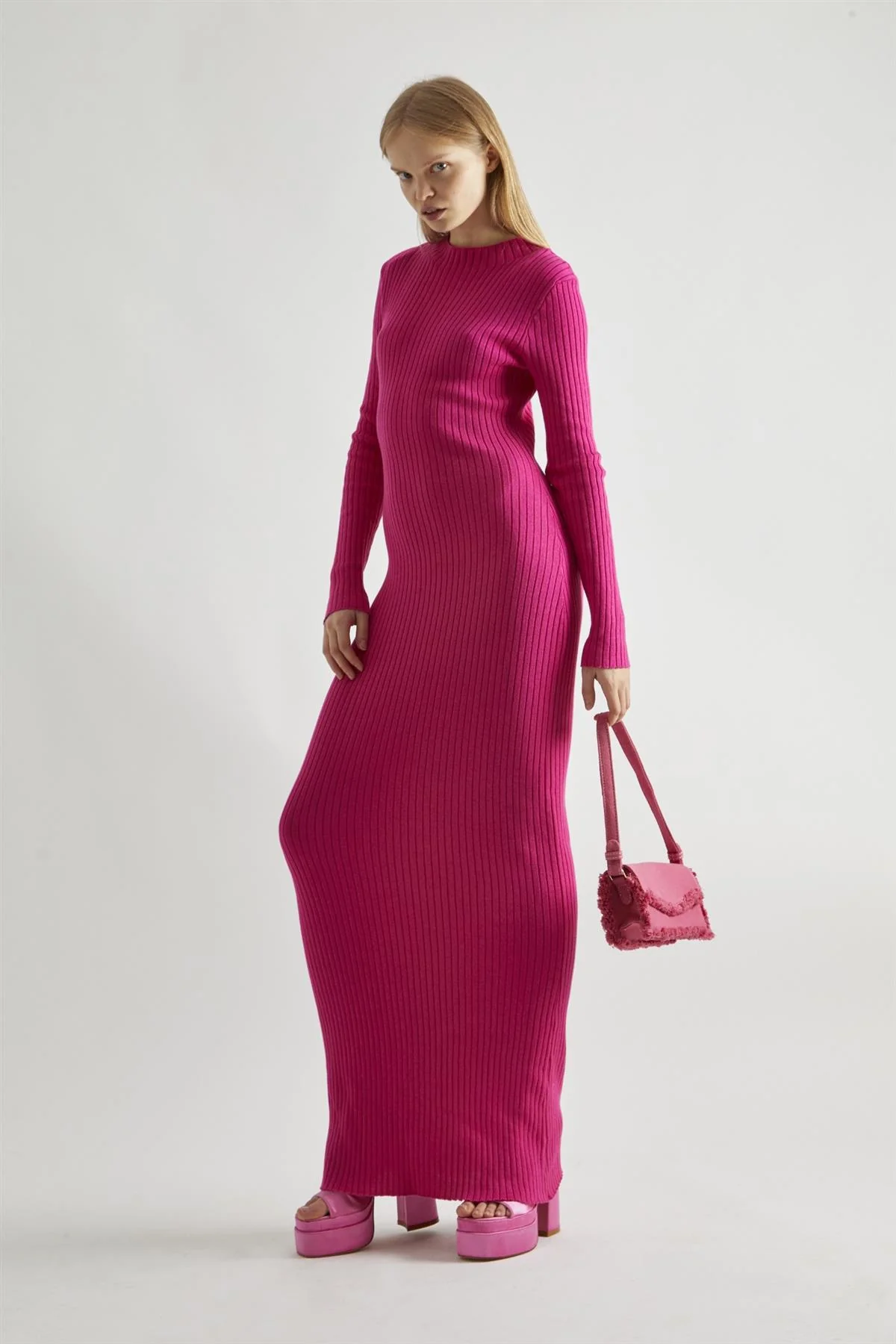 Pink High-Neck Rib-Knit Midaxi-dress - Image 4