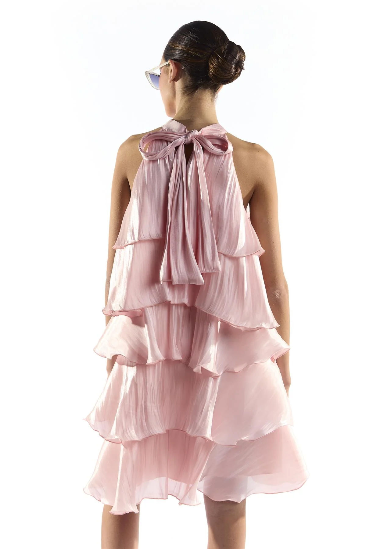 Pink Metallic Halter Neck Tiered Ruffle Dress - Image 4